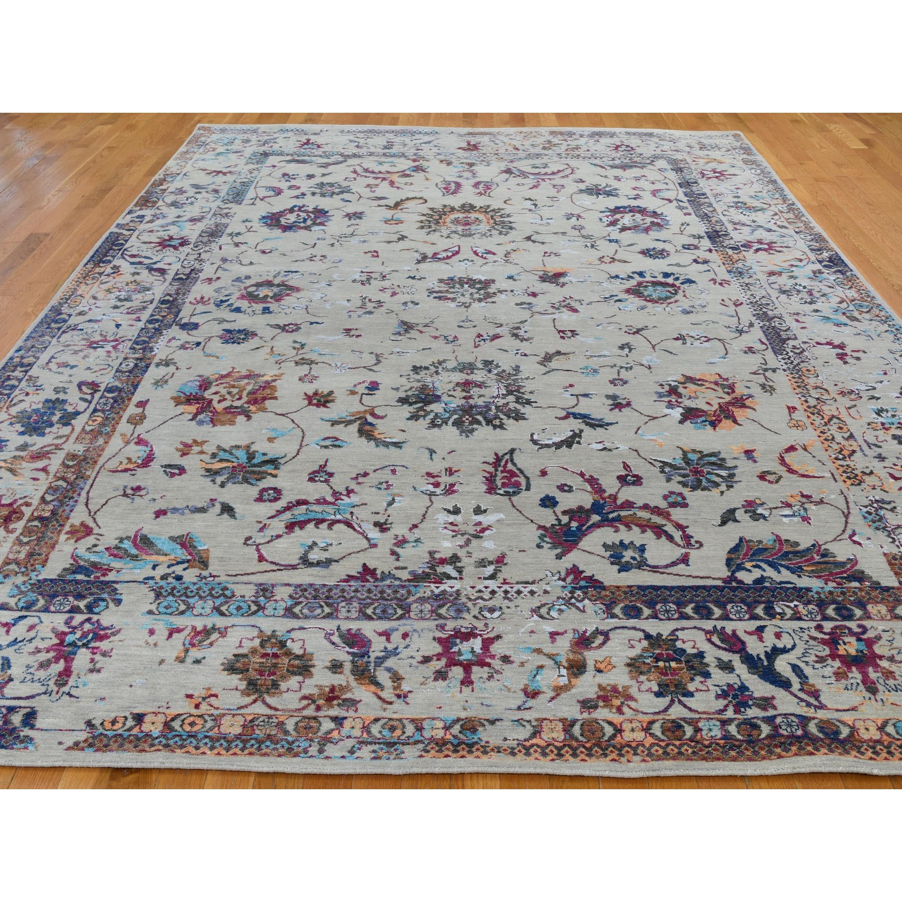 9-1 x12-1  Colorful Wool And Silk Erased Persian Design Hand Knotted Oriental Rug 