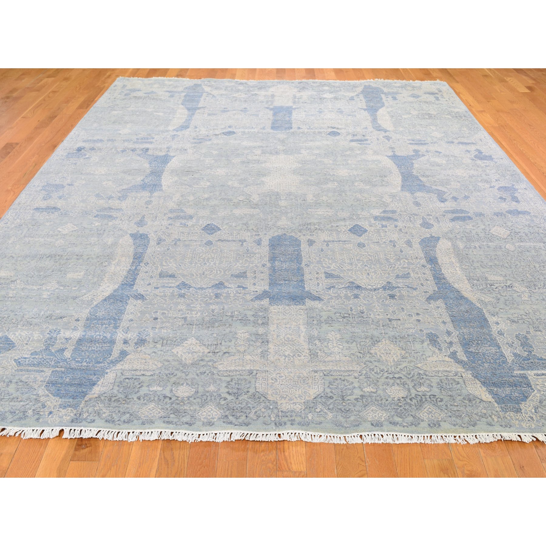 8-10 x12- Blue Wool And Pure Silk Jewellery Design Hand Knotted Oriental Rug 
