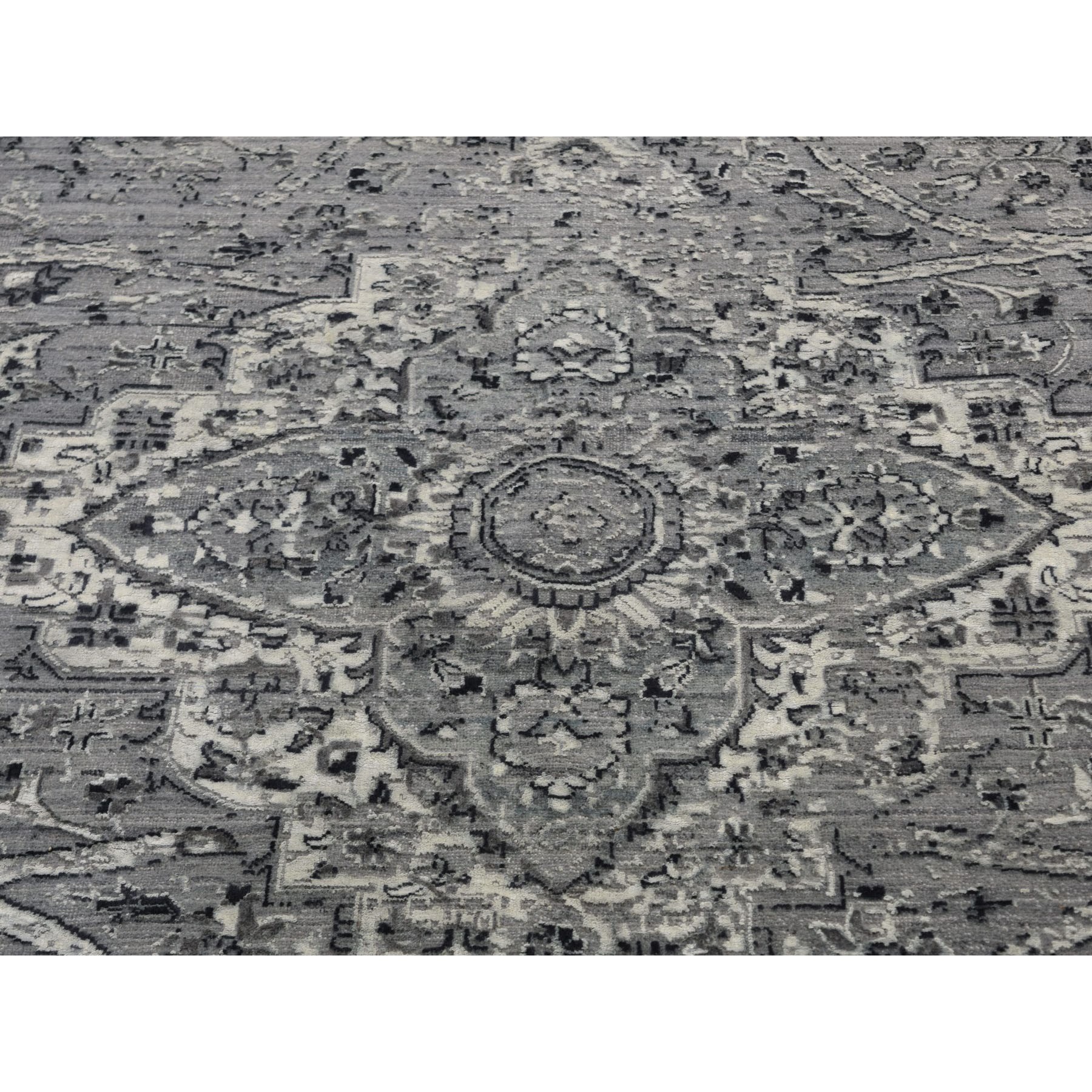 10-x10- Square Gray Broken Persian Erased Design Pure Silk With Textured Wool Hand Knotted Oriental Rug 