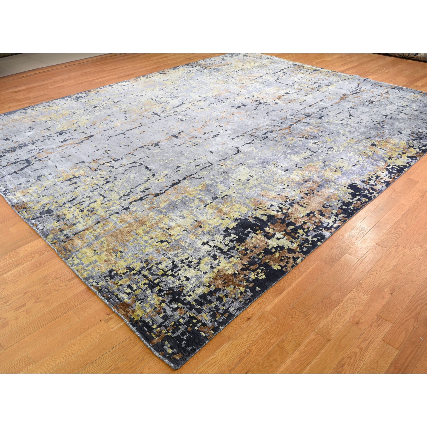 11-10 x14-9  Oversize Gray Abstract Design Wool and Silk Hi-Low Pile Hand Knotted Oriental Rug 