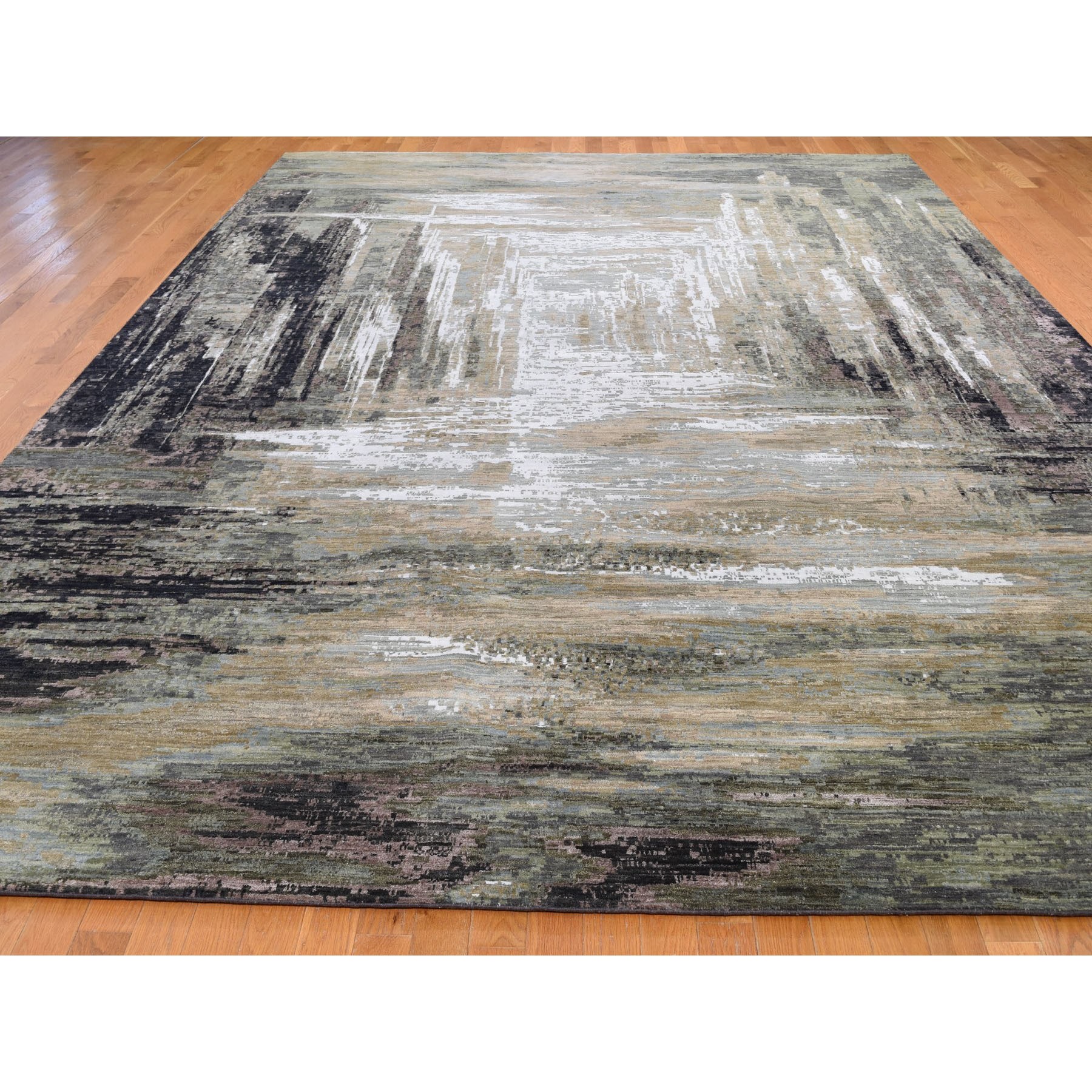 10-x14- Abstract Design Wool And Silk Hand Knotted Modern Oriental Rug 