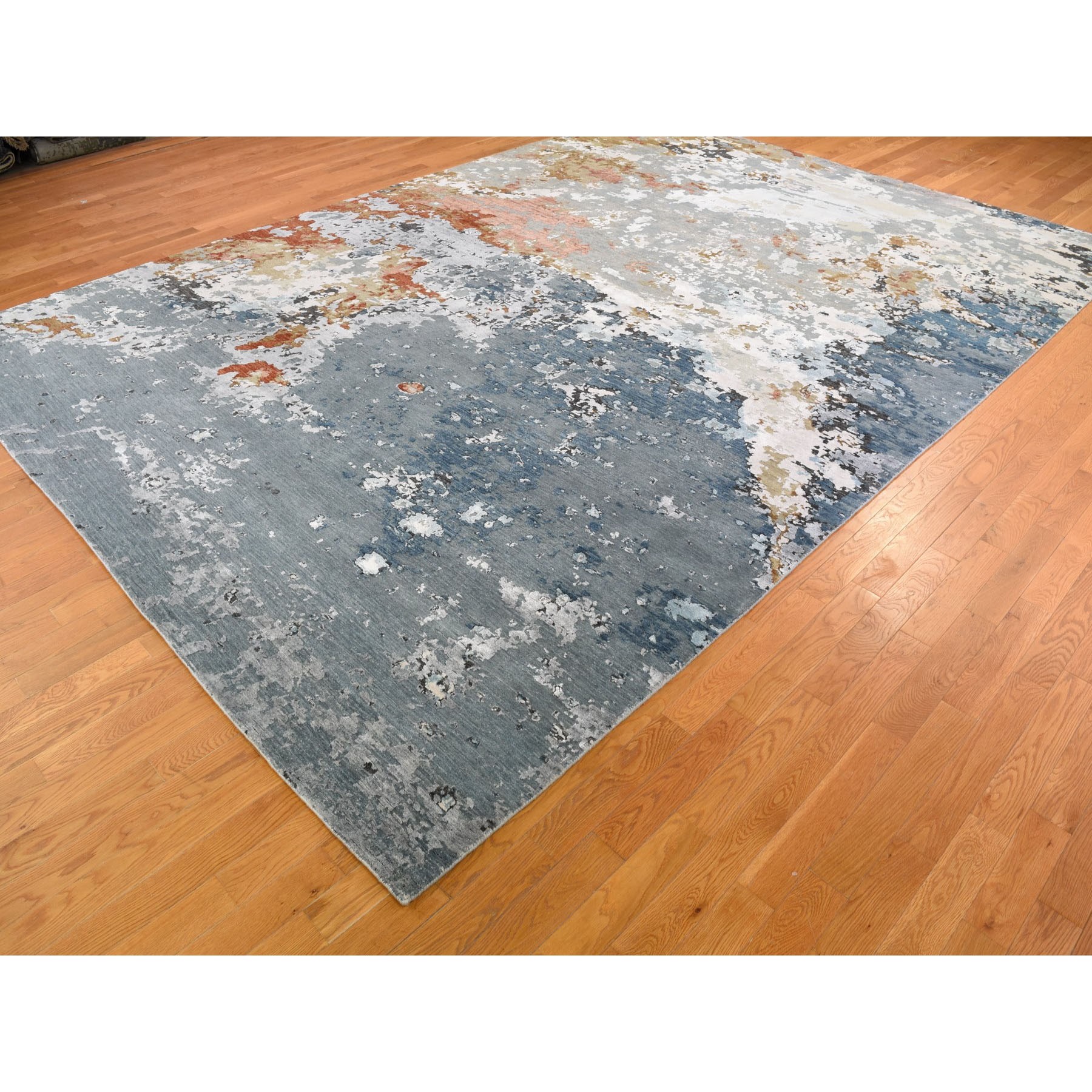 9-10 x14- Gray Abstract Design Wool and Silk Hi-Low Pile Hand Knotted Oriental Rug 
