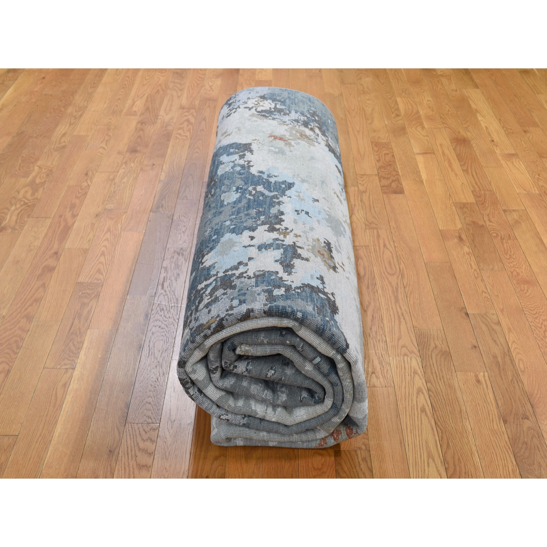 9-10 x14- Gray Abstract Design Wool and Silk Hi-Low Pile Hand Knotted Oriental Rug 