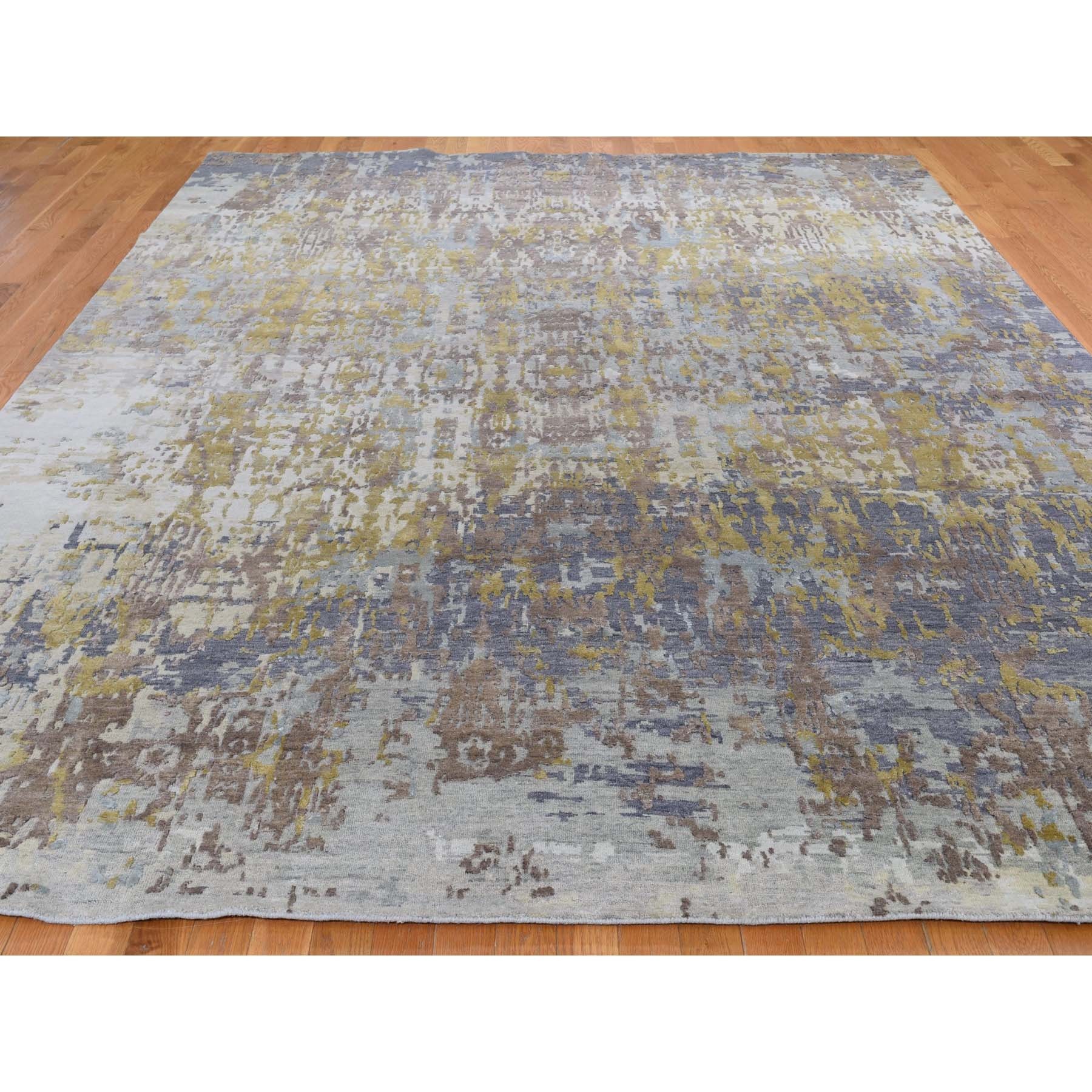 9-x11-9  Gray Hi-Low Pile Abstract Design Wool And Silk Hand Knotted Oriental Rug 
