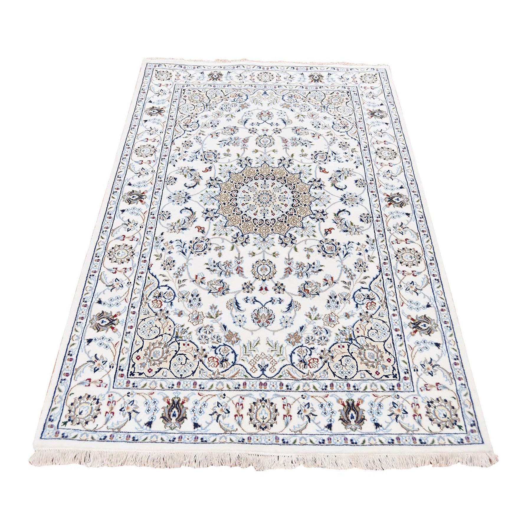 3'10"x6' Ivory Nain Wool And Silk 250 KPSI Hand Knotted Oriental Rug