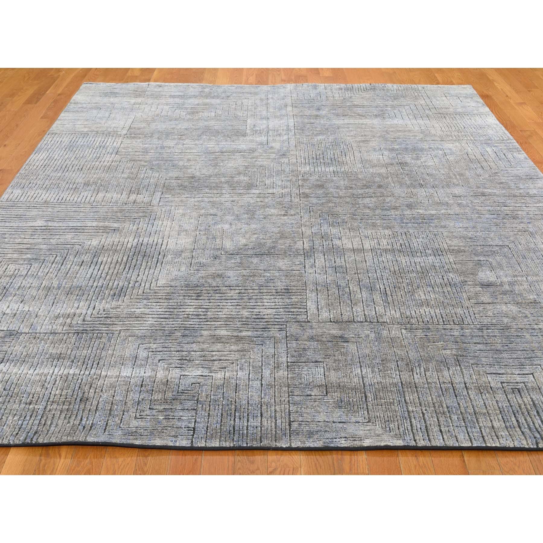 7-10 x9-10  Gray Silk With Textured Wool Maze Design Hand Knotted Oriental Rug 