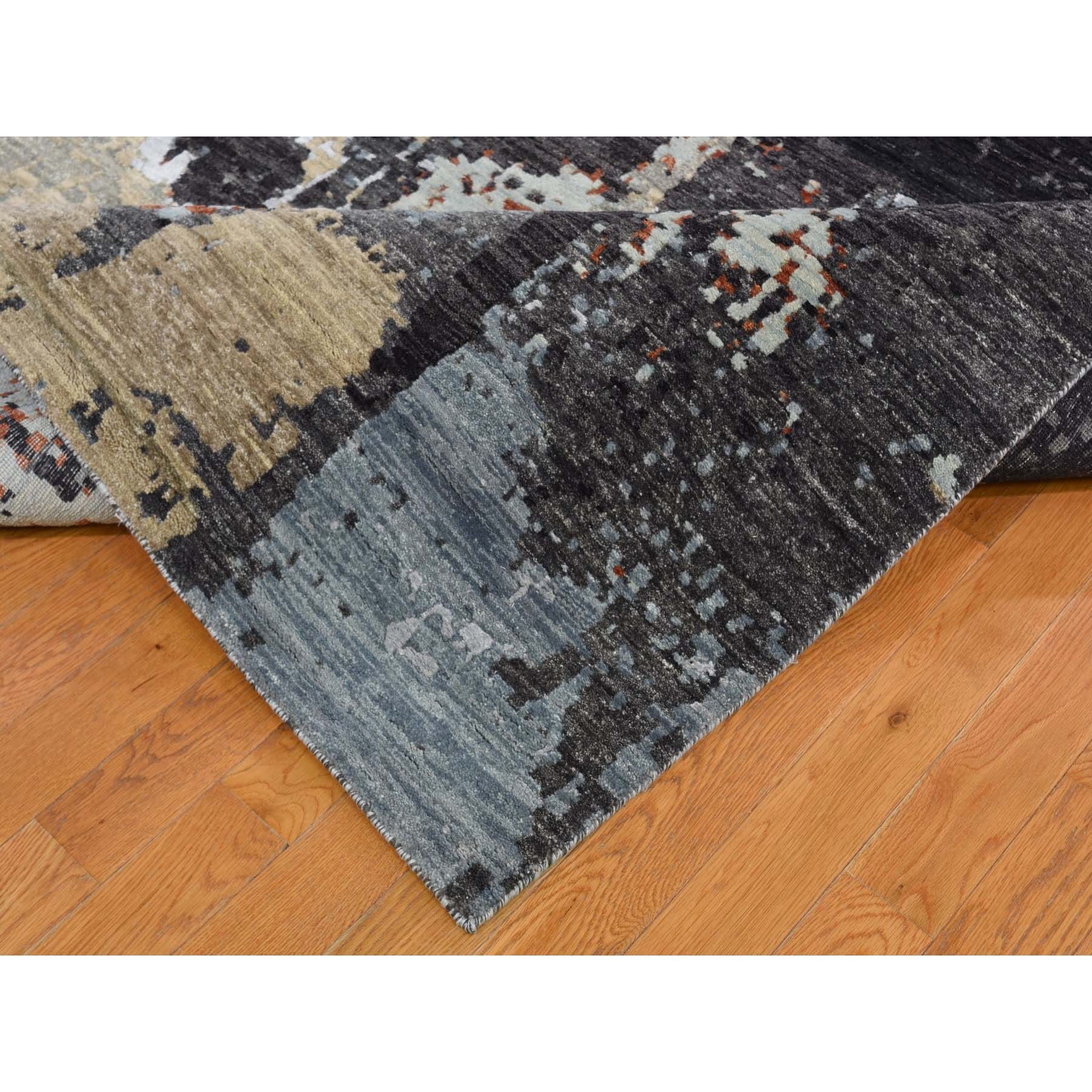 9-x12-1  Black Abstract Design Wool and Silk Hi-Low Pile Persian Knot Hand Knotted Oriental Rug 