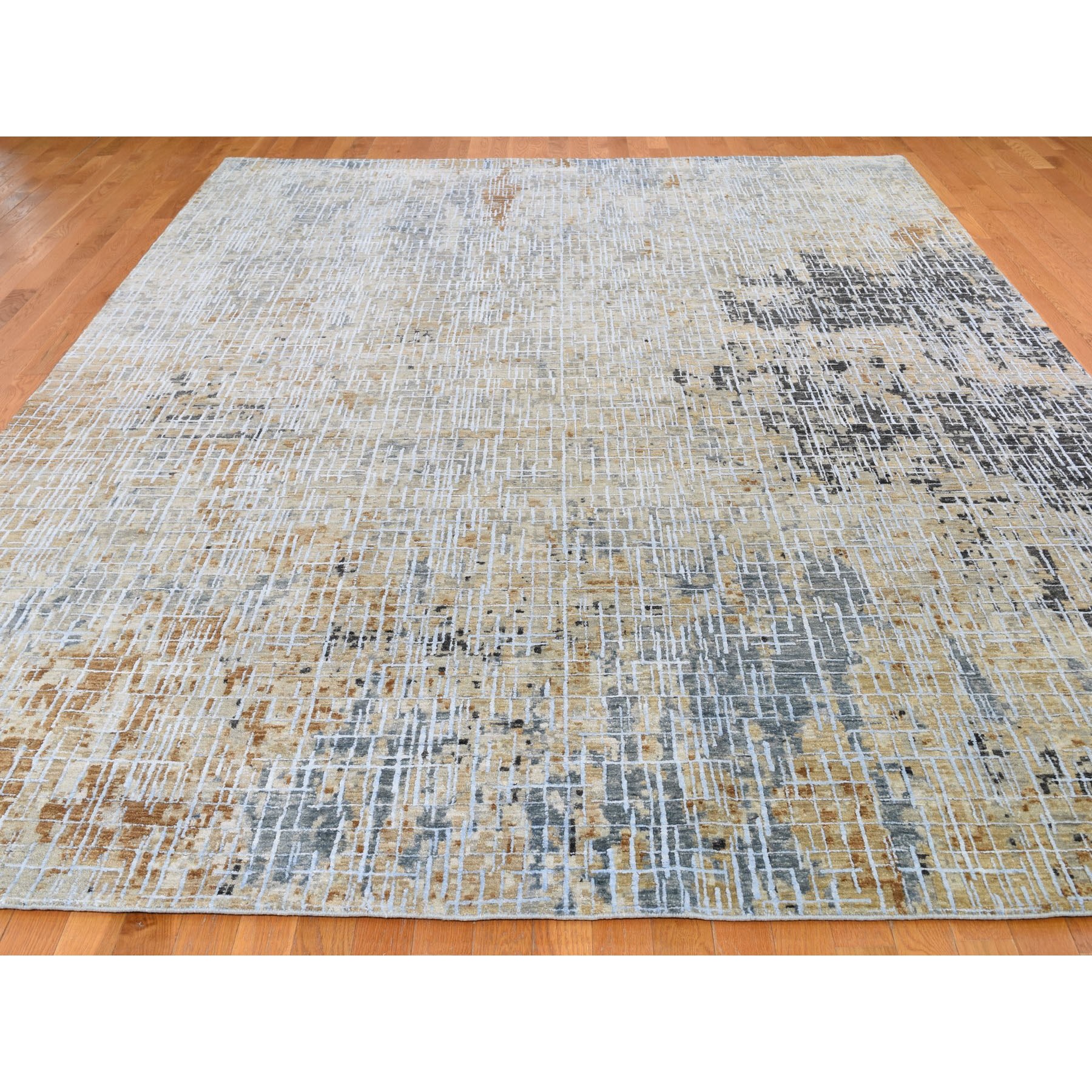 9-x12- Beige Abstract Design Wool and Silk Tight Knot Hand Knotted Oriental Rug 