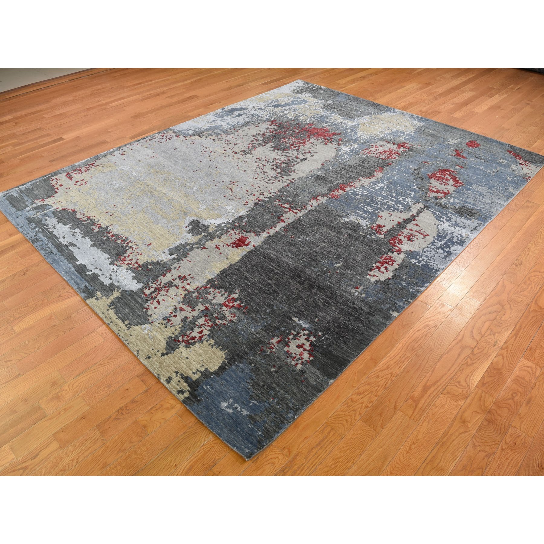 8-x10-1  Black Abstract Design Wool and Silk Hi-Low Pile Tight Knot Hand Knotted Oriental Rug 