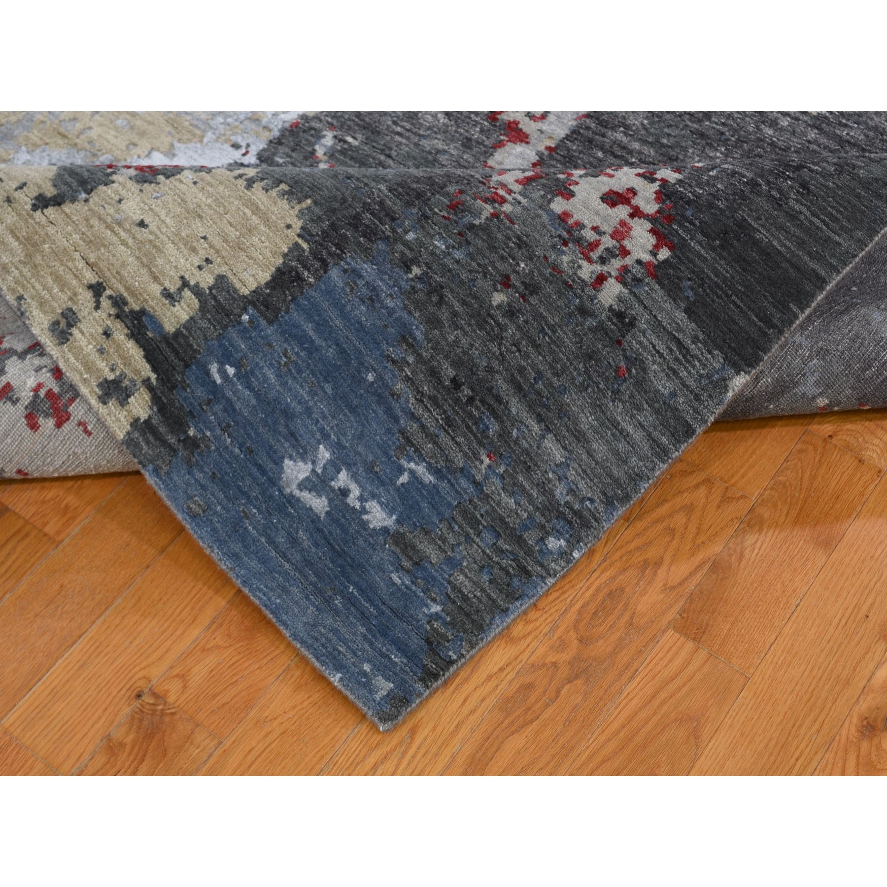 8-x10-1  Black Abstract Design Wool and Silk Hi-Low Pile Tight Knot Hand Knotted Oriental Rug 