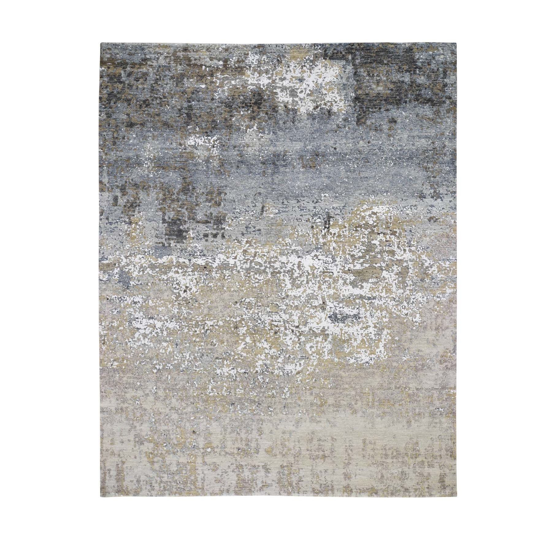 8'X10'2" Ivory Abstract Design Wool And Silk Hi-Low Pile Denser Weave Hand Knotted Oriental Rug moad77cd