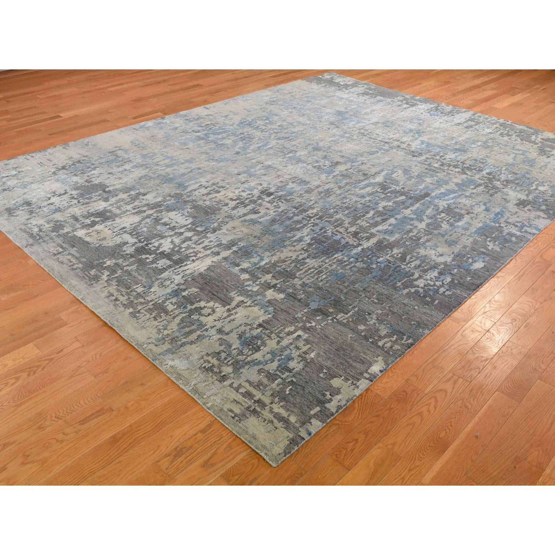 9-x11-9  Blue Abstract Design Wool And Pure Silk Denser Weave Hand Knotted Modern Rug 