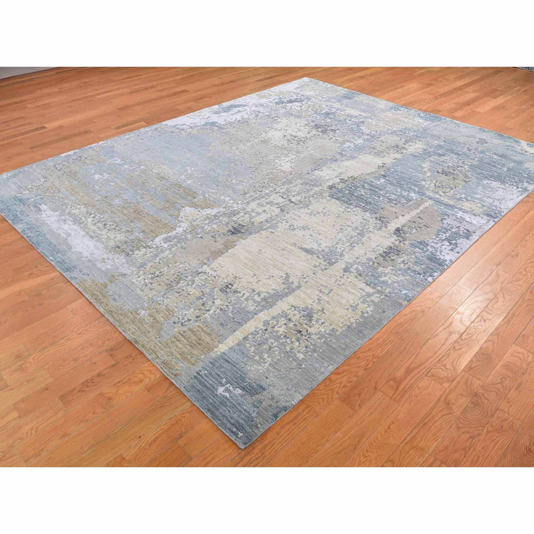 8-x10-2  Gray Abstract Design Wool And Silk Denser Weave Hand Knotted Modern Rug 