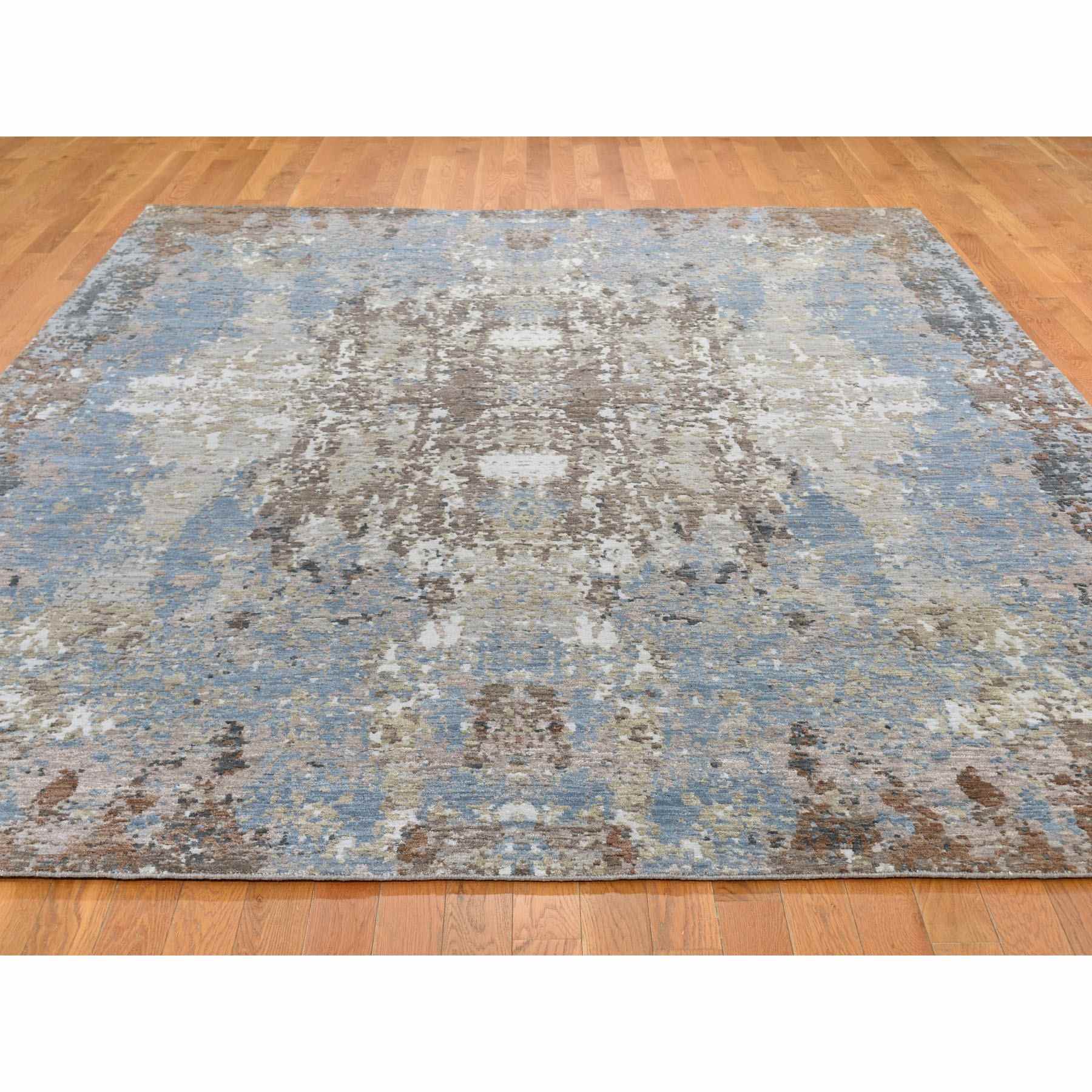 7-10 x10- Blue Abstract Design Wool and Silk Hi-Low Pile Denser Weave Hand Knotted Oriental Rug 