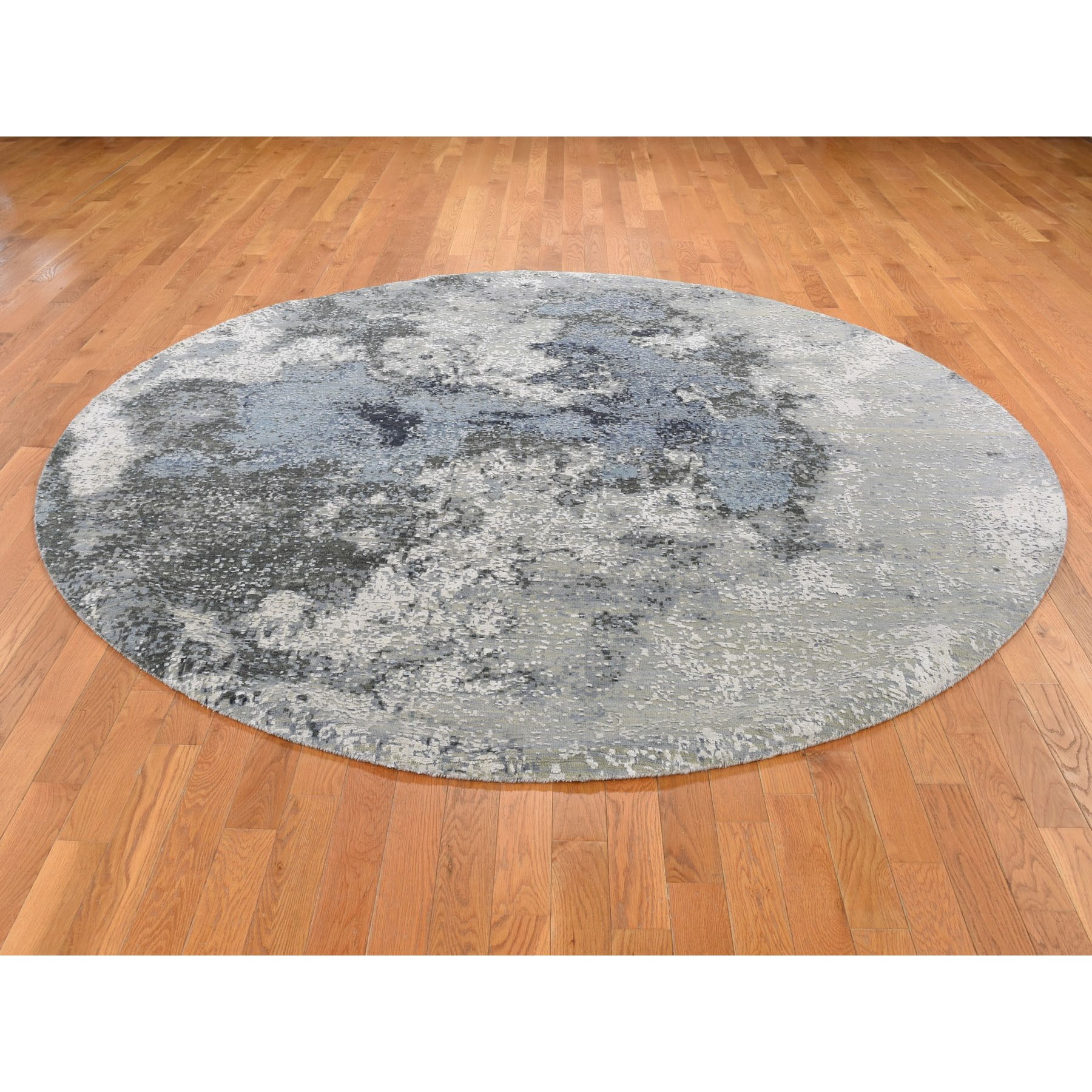 8-x8- Gray Abstract Design Wool And Pure Silk Hand Knotted Round Oriental Rug 