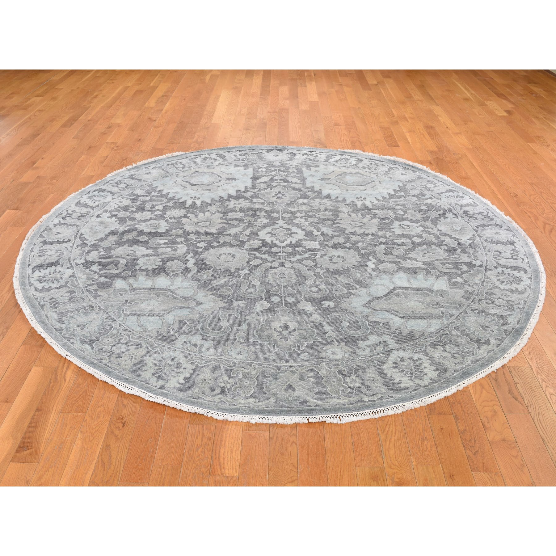 8-x8- Round Hand Knotted Oushak Influence Silk with Textured Wool Oriental Rug 