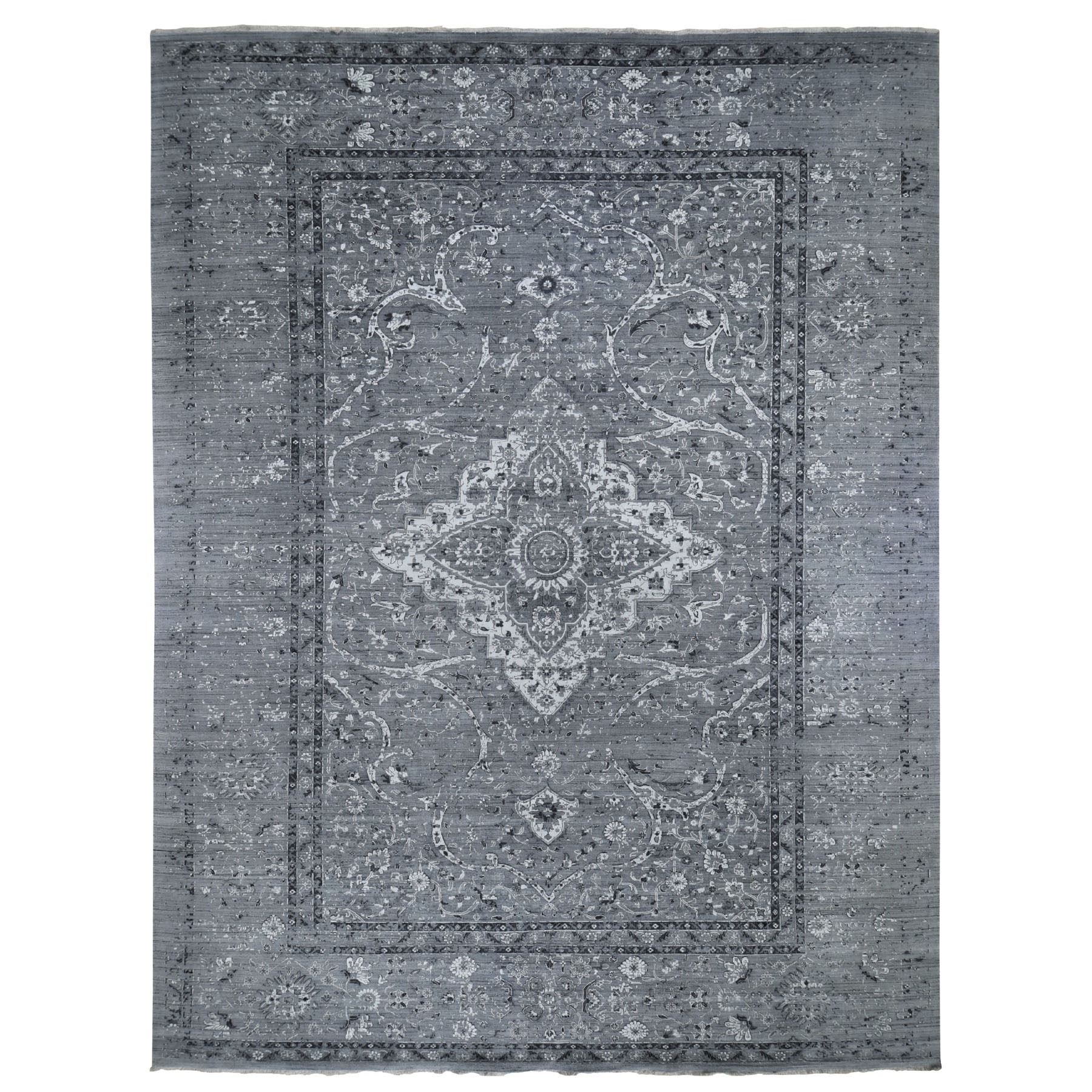 12'1"X17'8" Gray Oversized Broken Persian Erased Design Silk With Textured Wool Hand Knotted Oriental Rug moad7768