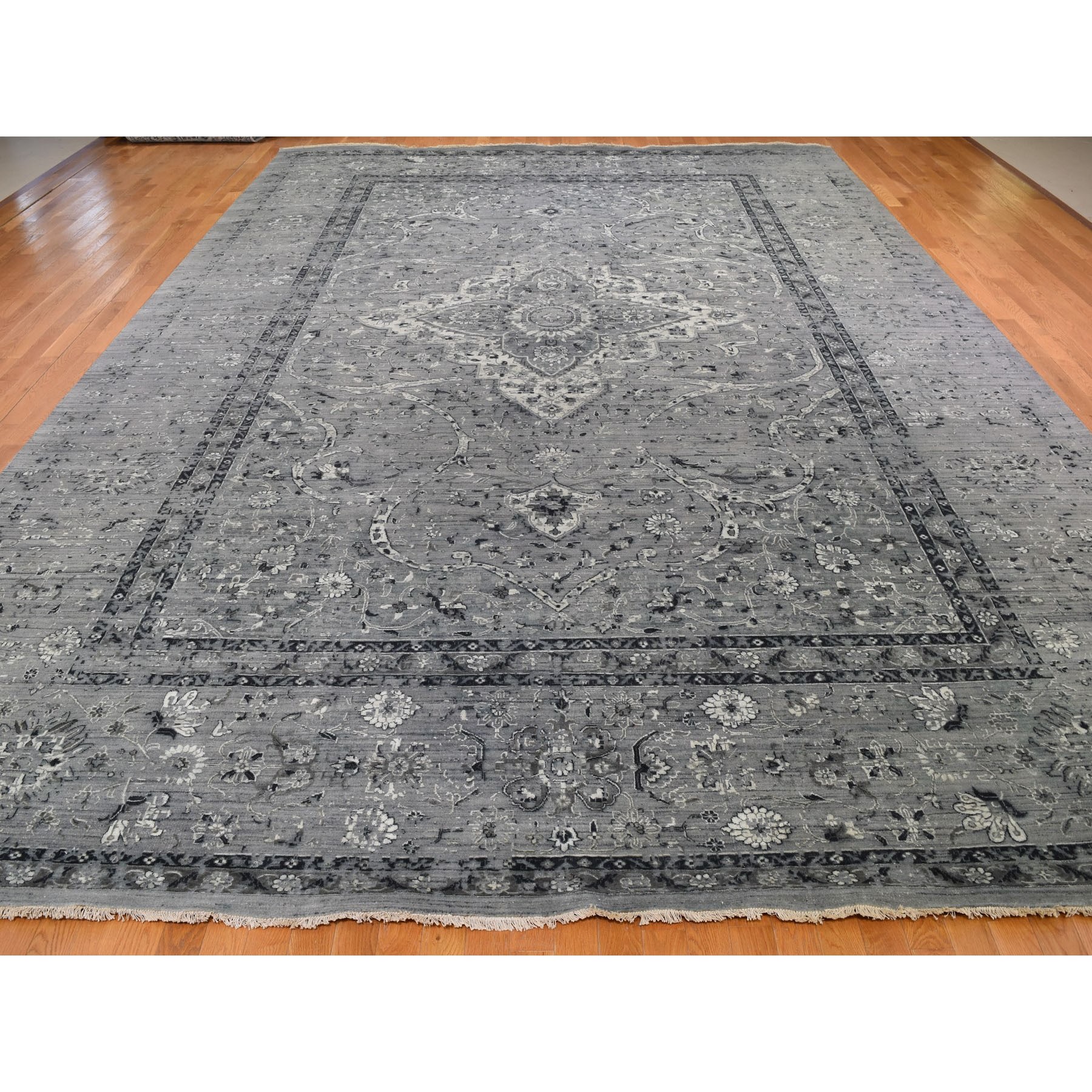 12-1 x17-8  Gray Oversized Broken Persian Erased Design Silk With Textured Wool Hand Knotted Oriental Rug 