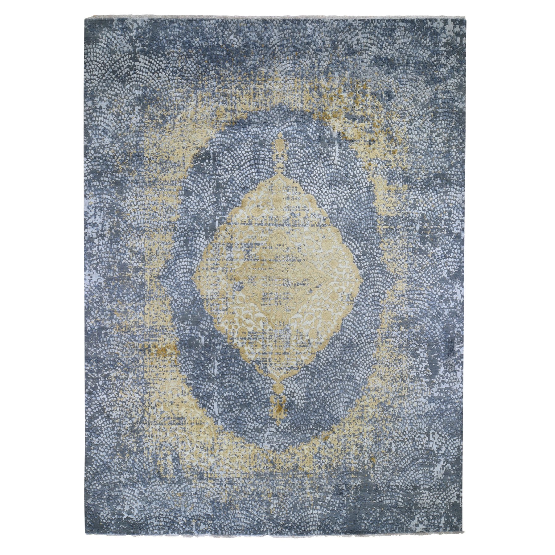 9'X12' Gray Gold Persian Design Wool And Pure Silk Hand Knotted Oriental Rug moad7769
