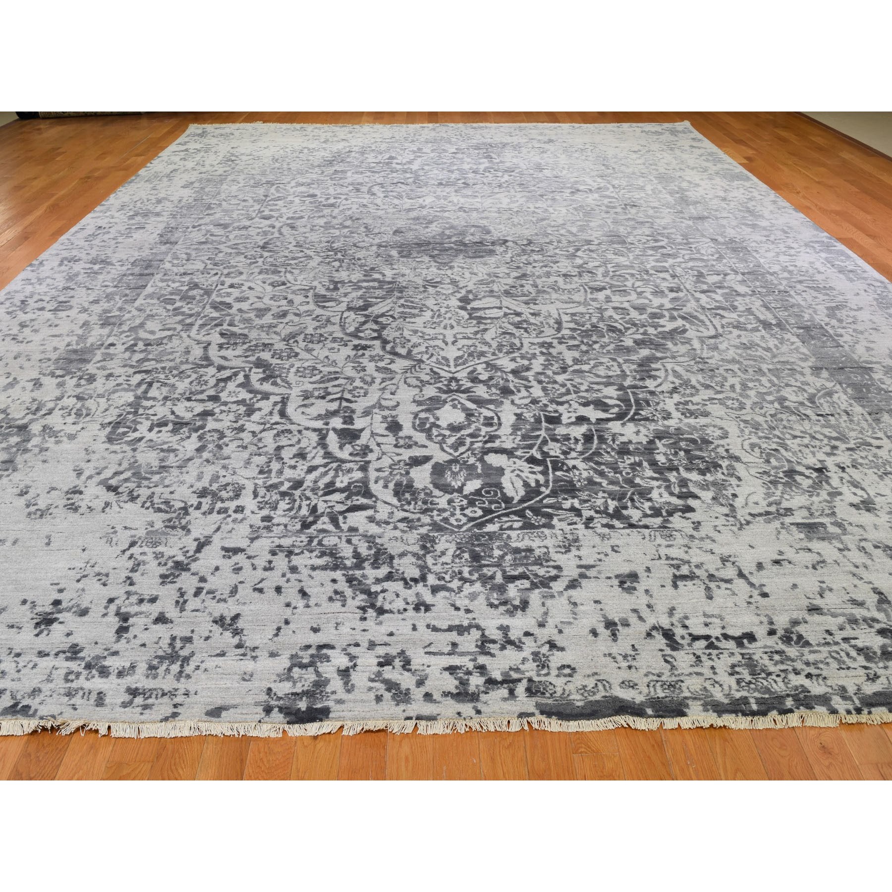 12-x18-2  Oversized Silver-Dark Gray Erased Persian Design Wool and Pure Silk Hand Knotted Oriental Rug 