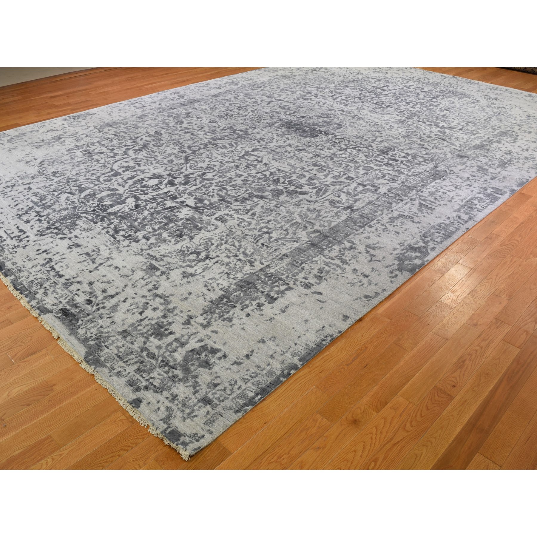 12-x18-2  Oversized Silver-Dark Gray Erased Persian Design Wool and Pure Silk Hand Knotted Oriental Rug 