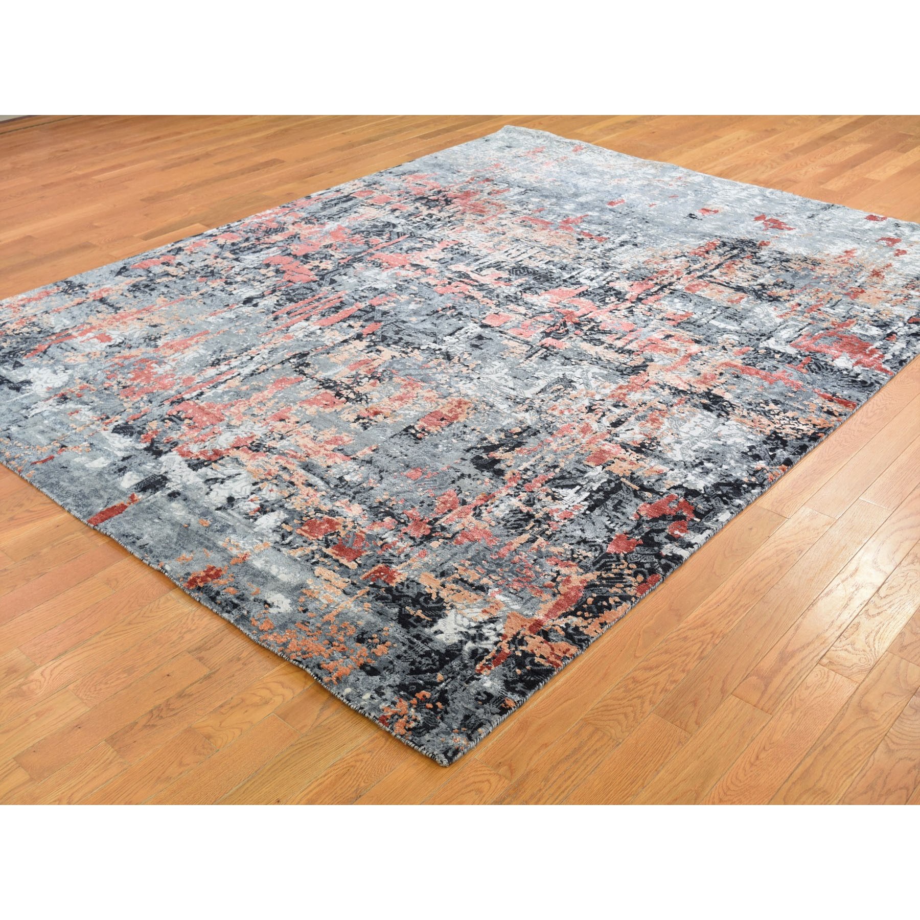 7-9 x10-1  Salmon Abstract Design Wool And Silk Hand Knotted Modern Rug 