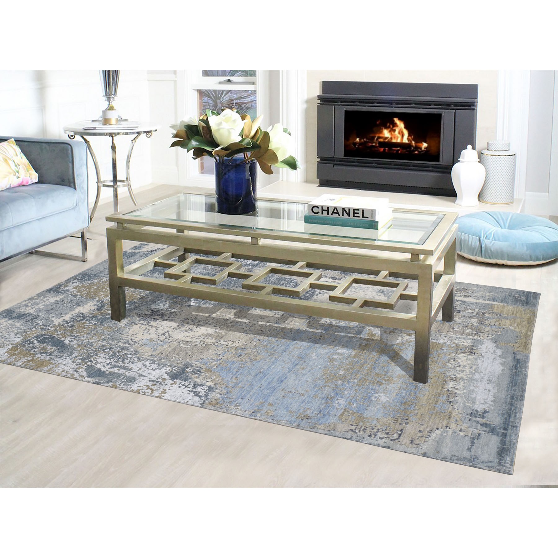 6-x9- Blue Abstract Design Wool And Silk Denser Weave Hand Knotted Modern Rug 