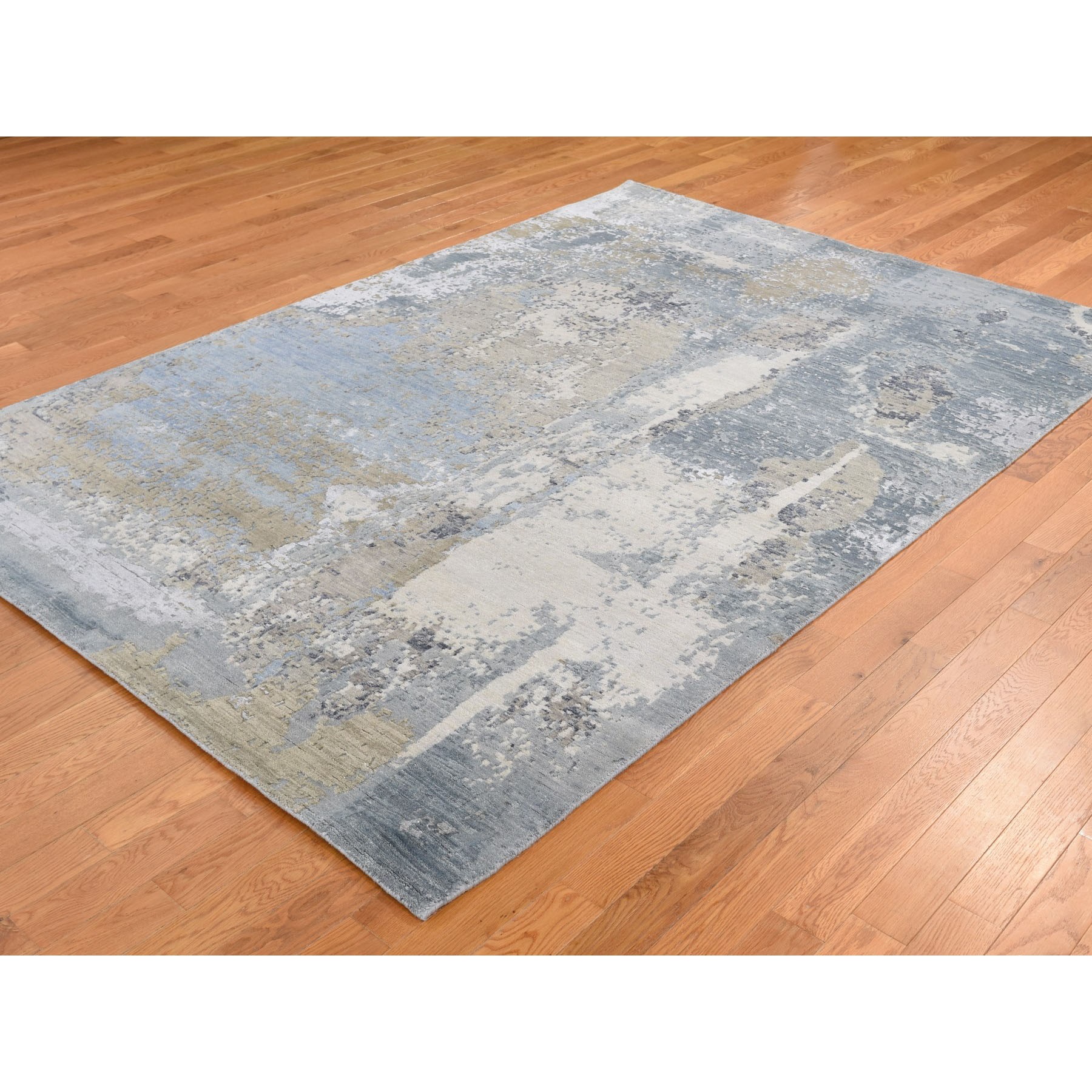 6-x9- Blue Abstract Design Wool And Silk Denser Weave Hand Knotted Modern Rug 