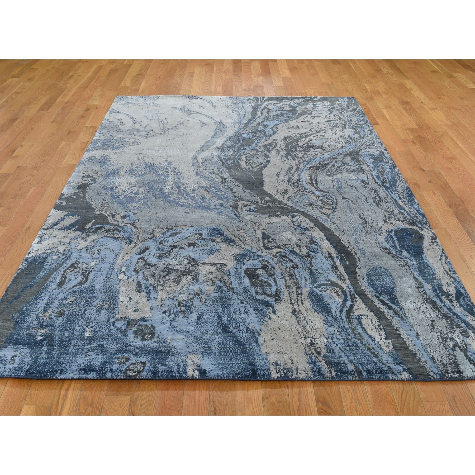 6-x9-2  Blue Geological Design Wool And Pure Silk Hand Knotted Oriental Rug 