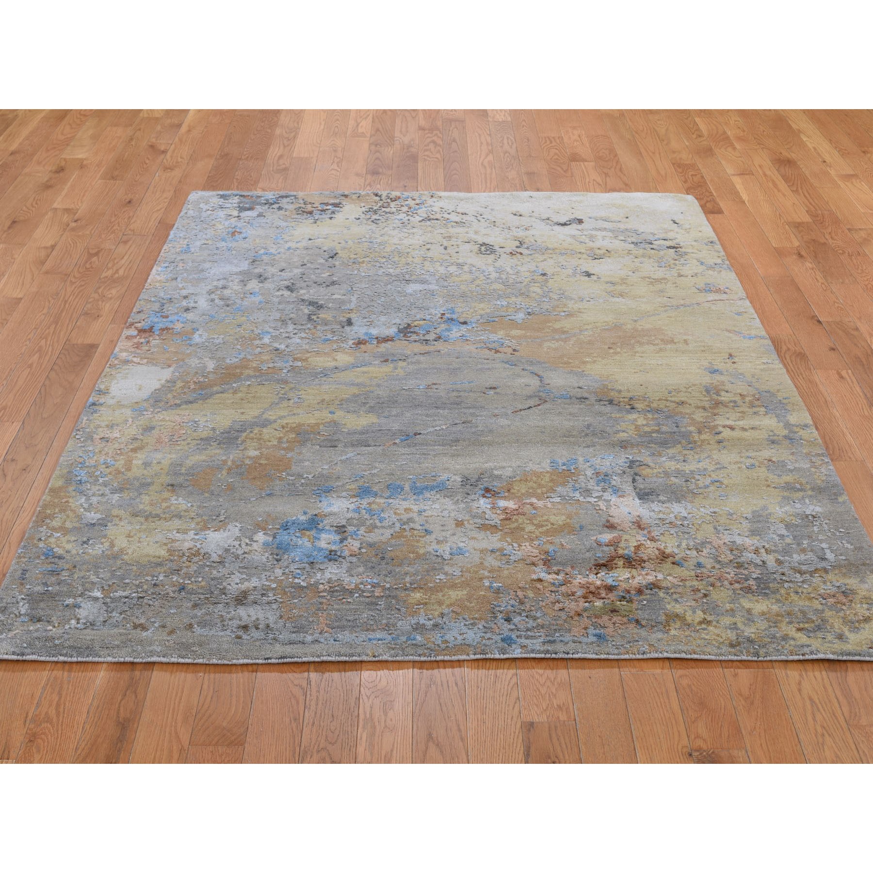 5-1 x7- Honey Mustard Abstract Design Wool And Pure Silk Hand Knotted Oriental Rug 