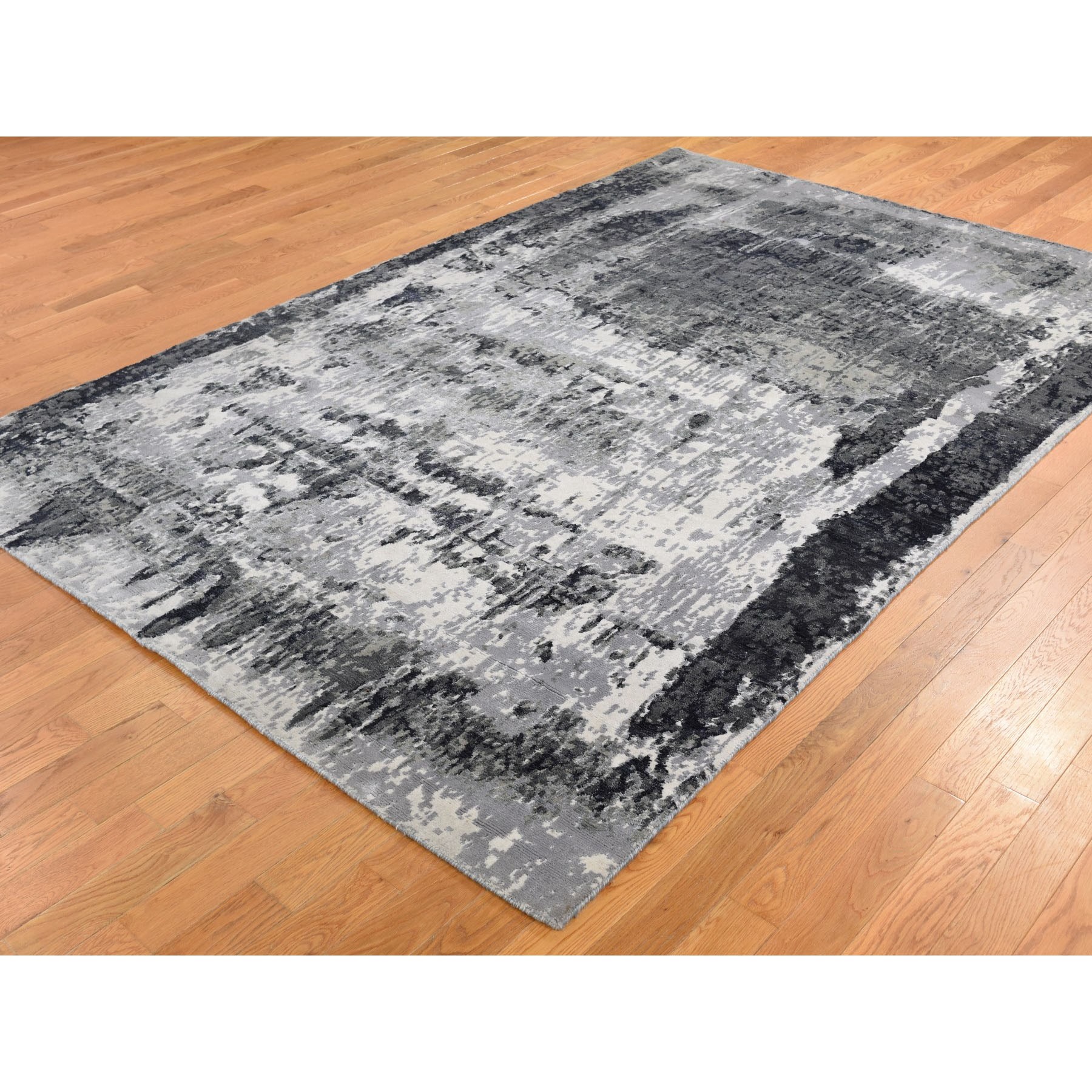 6-1 x9-2  Black Hi And Low Pile Wool And Silk Abstract Design Hand Knotted Rug 