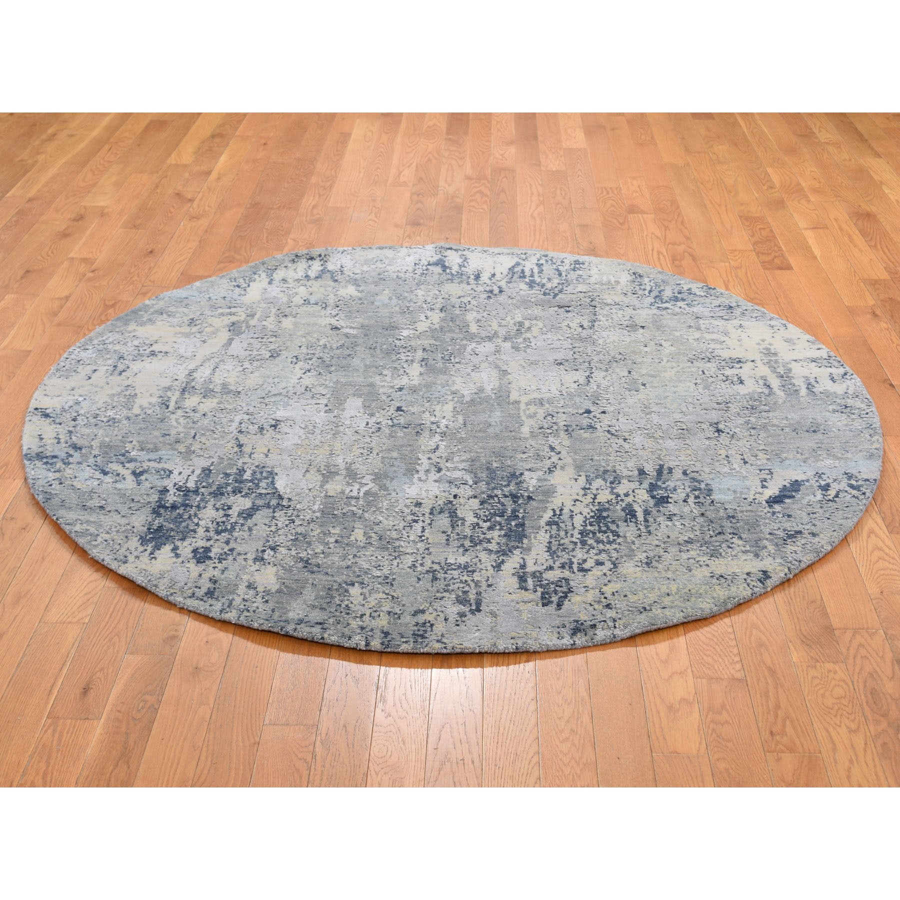 6-x6- Gray Abstract Design Wool And Pure Silk Hand Knotted Round Oriental Rug 