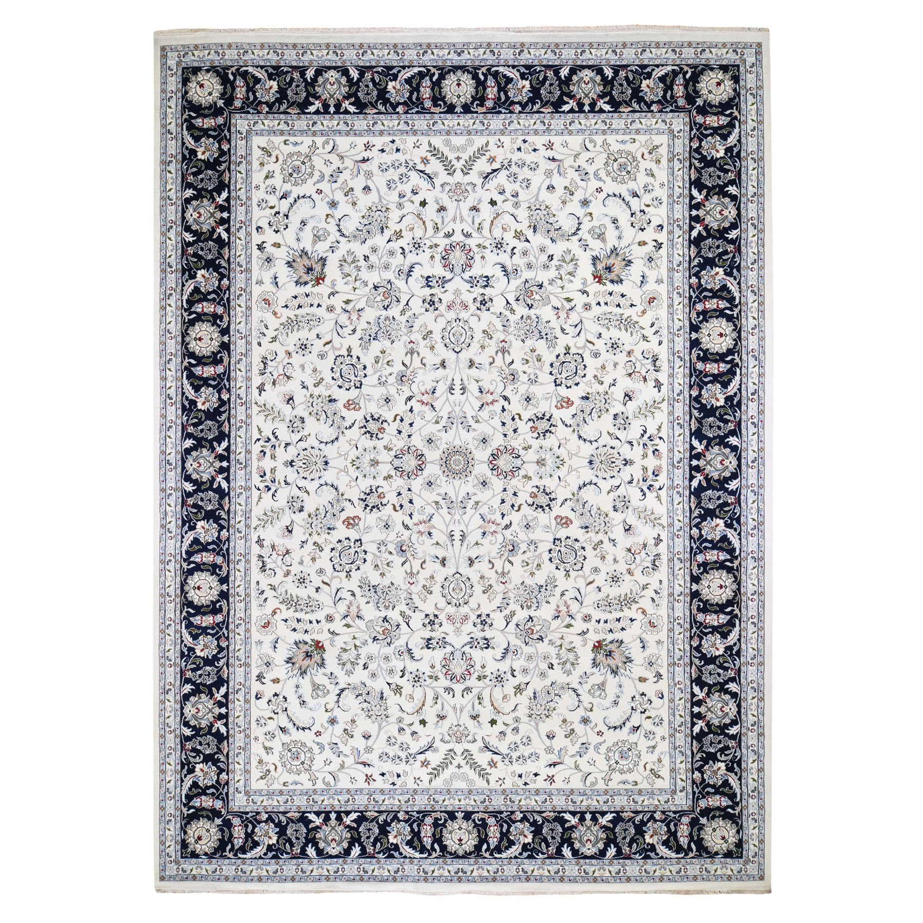 10'X14' Wool And Silk 250 Kpsi All Over Design Ivory Nain Hand Knotted Oriental Rug moad78aa