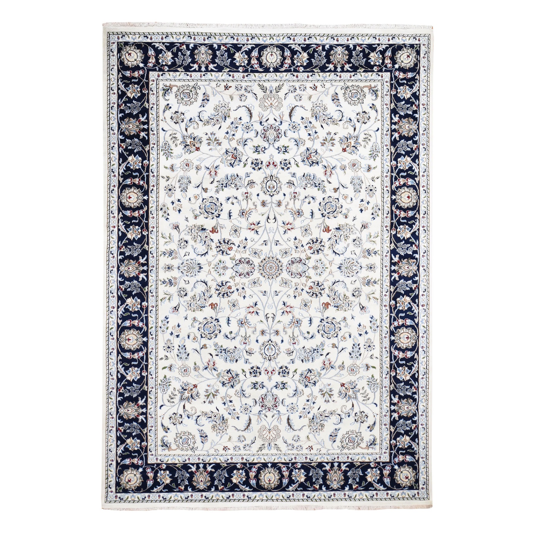 6'x8'10" Wool And Silk 250 KPSI All Over Design Ivory Nain Hand Knotted Oriental Rug