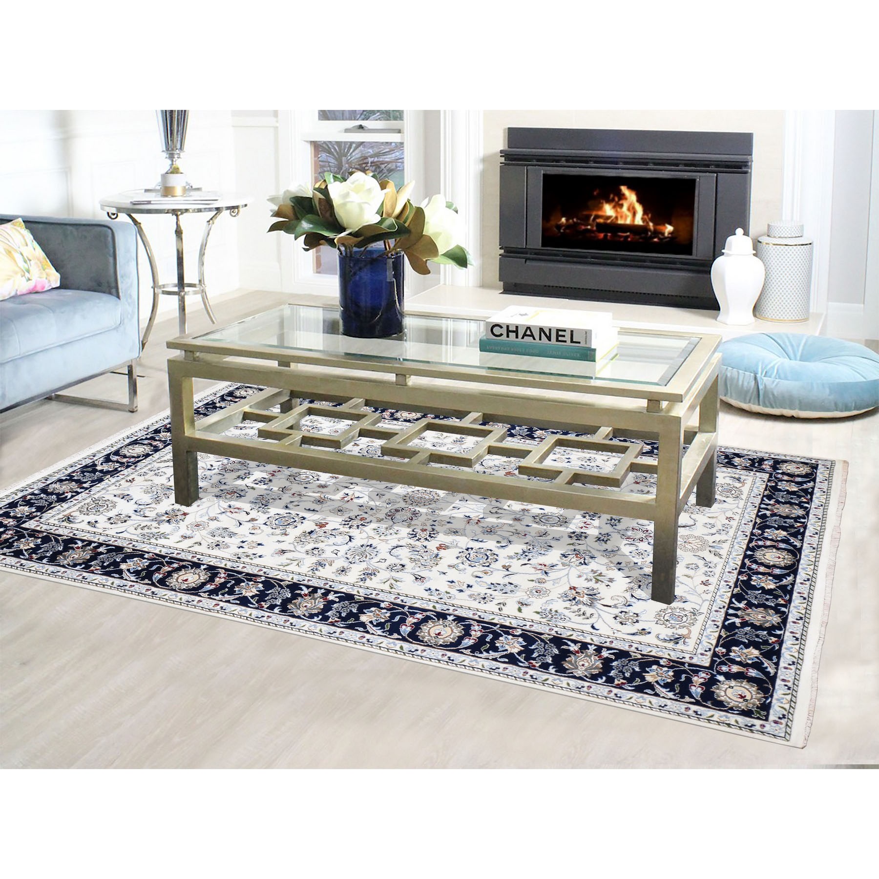 6'x8'10" Wool And Silk 250 KPSI All Over Design Ivory Nain Hand Knotted Oriental Rug
