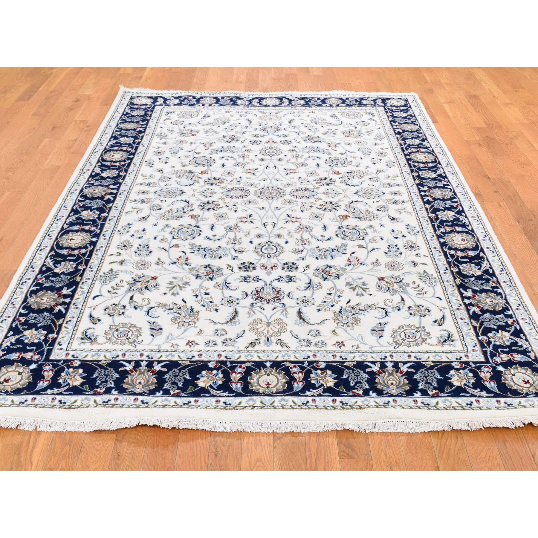 6'x8'10" Wool And Silk 250 KPSI All Over Design Ivory Nain Hand Knotted Oriental Rug
