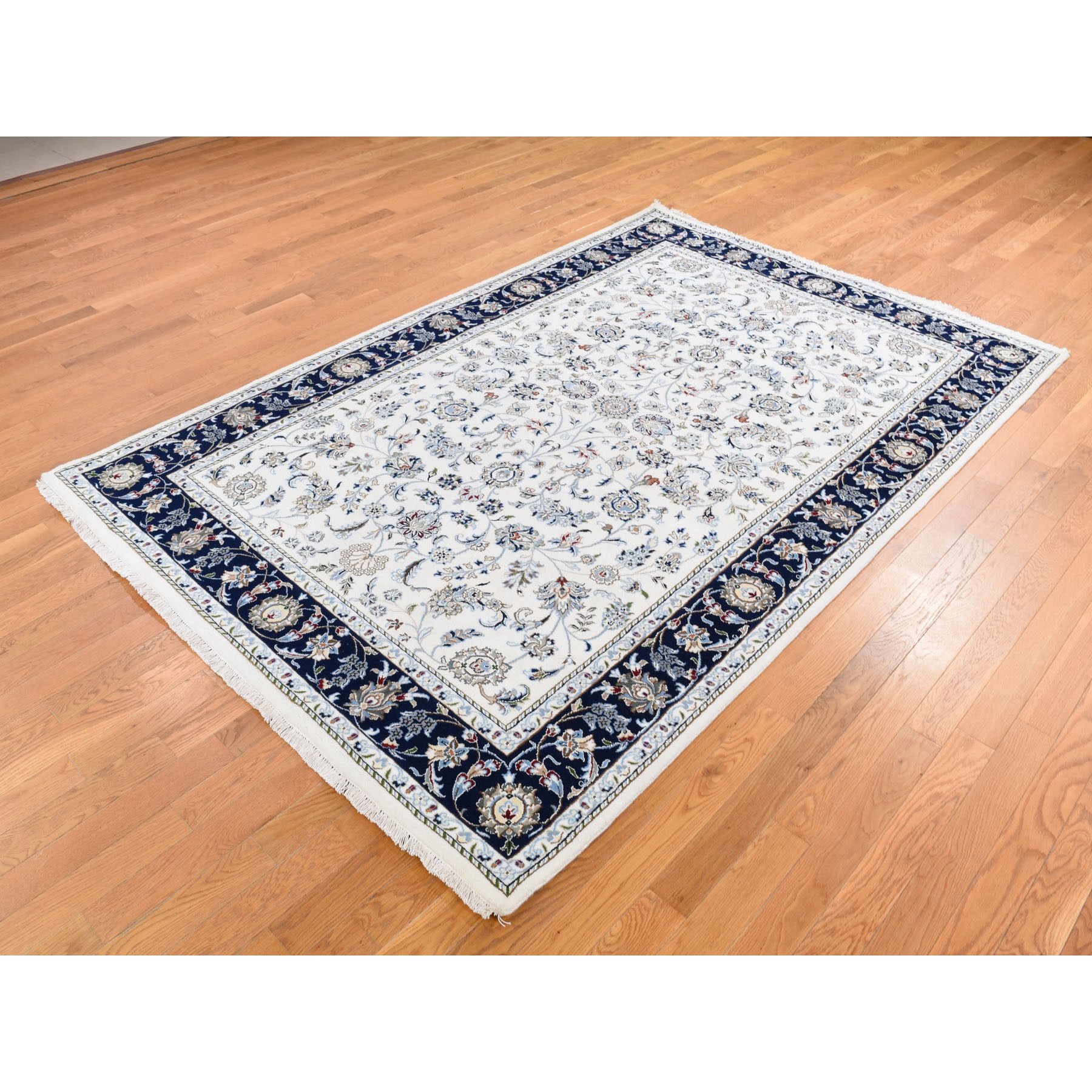 6'x8'10" Wool And Silk 250 KPSI All Over Design Ivory Nain Hand Knotted Oriental Rug