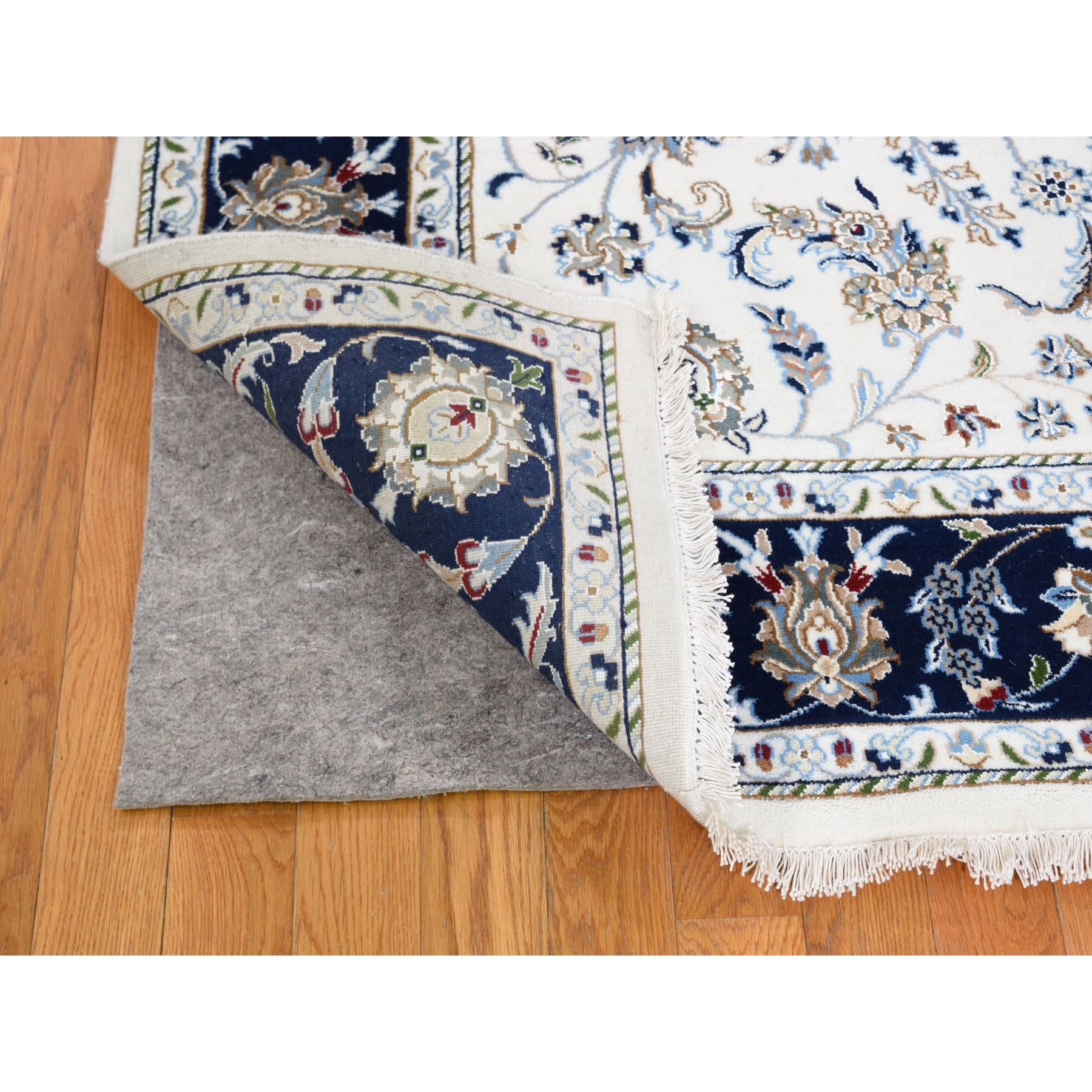 6'x8'10" Wool And Silk 250 KPSI All Over Design Ivory Nain Hand Knotted Oriental Rug