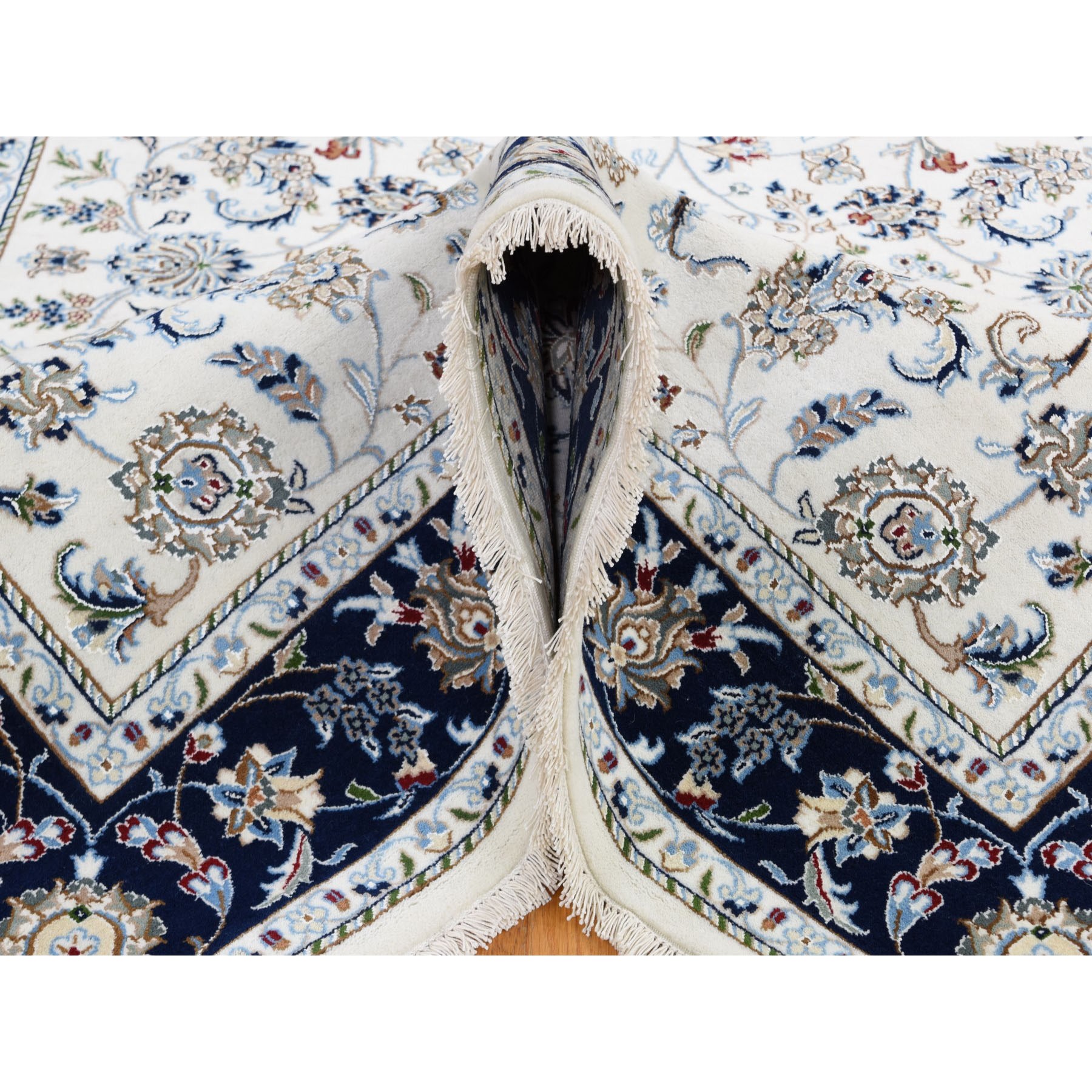 6'x8'10" Wool And Silk 250 KPSI All Over Design Ivory Nain Hand Knotted Oriental Rug