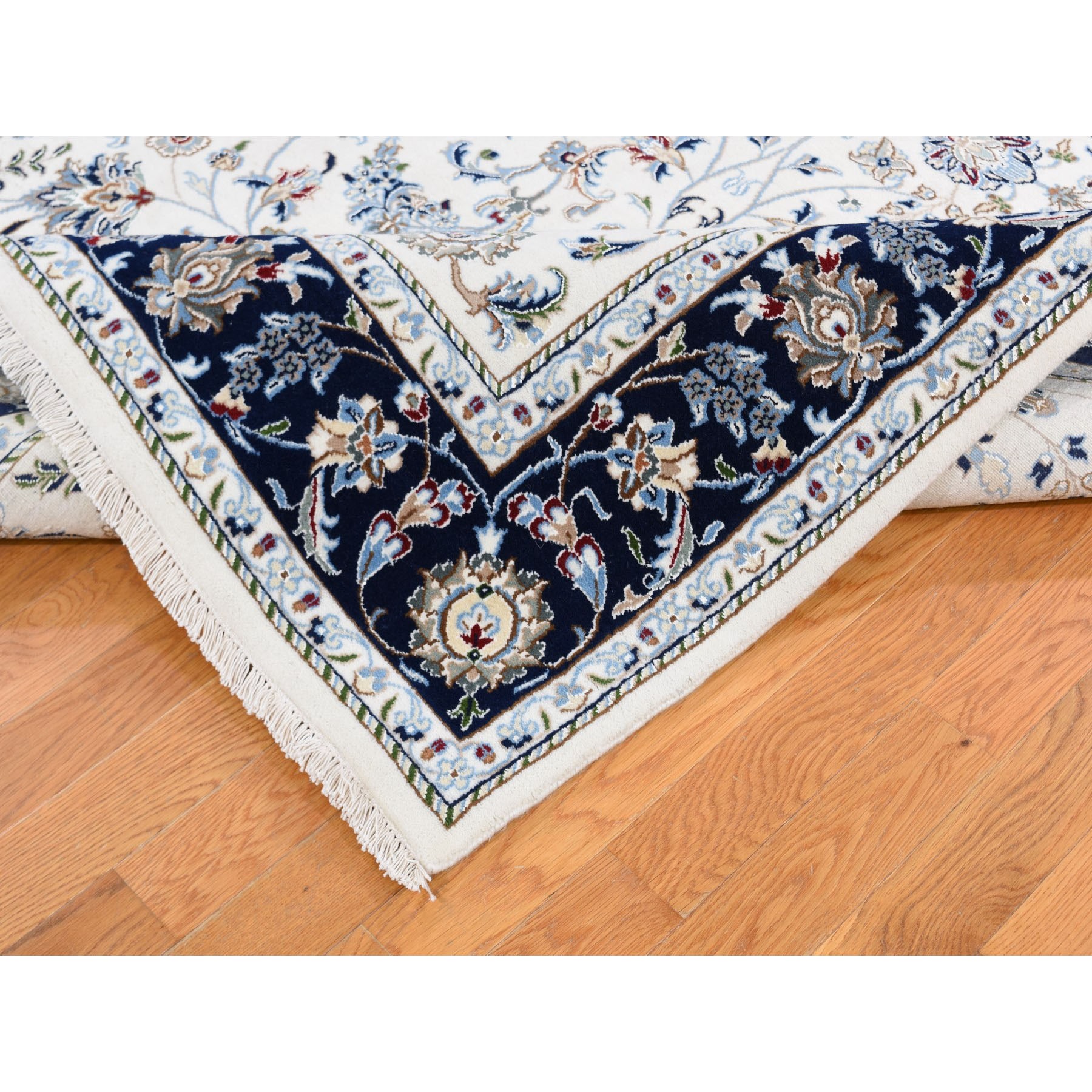 6'x8'10" Wool And Silk 250 KPSI All Over Design Ivory Nain Hand Knotted Oriental Rug