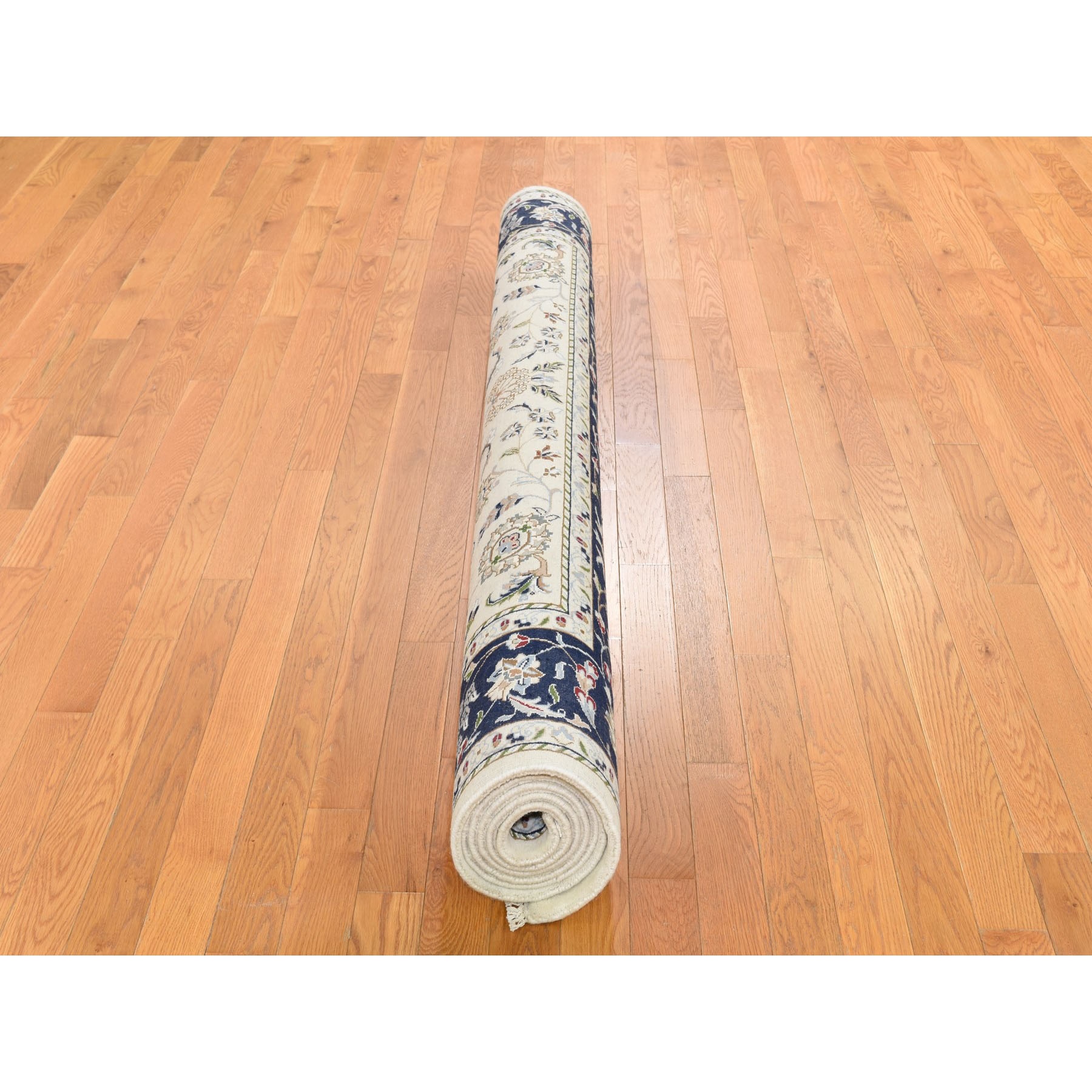 6'x8'10" Wool And Silk 250 KPSI All Over Design Ivory Nain Hand Knotted Oriental Rug
