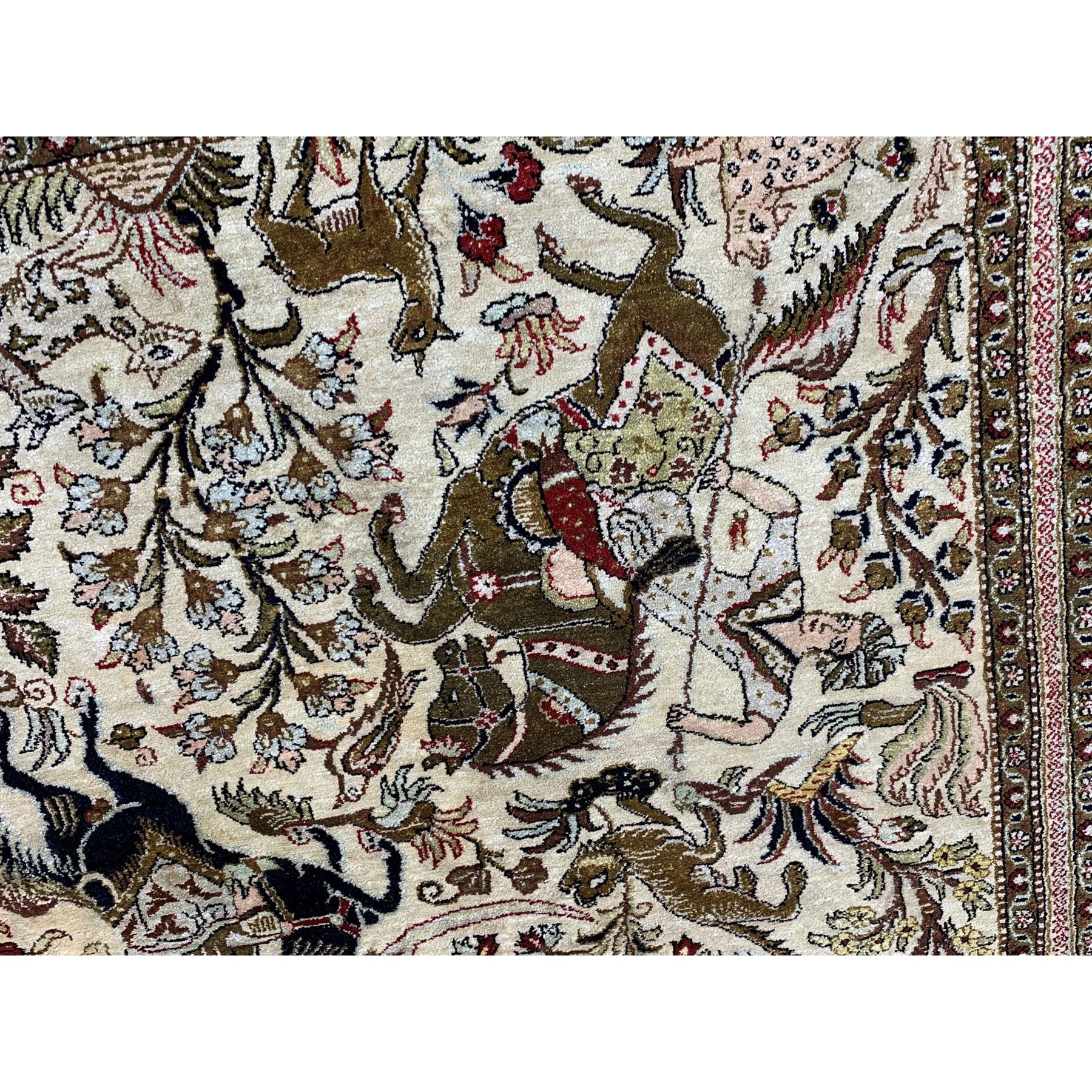 4-6 x7-5  Ivory Vintage Persian Silk Qum 500 KPSI Hunting Design, poetry Hand Knotted Oriental Rug 