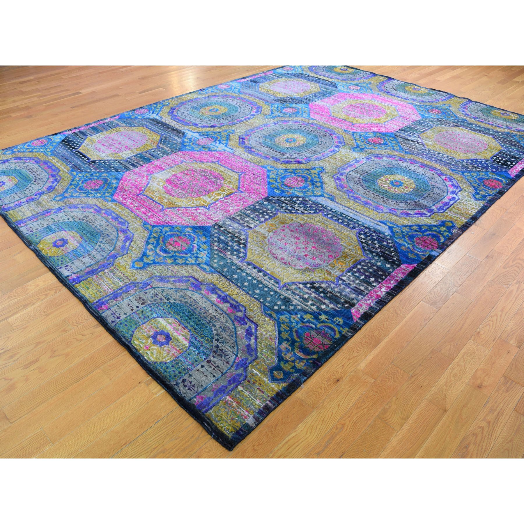 9-1 x12-5  Colorful Mamluk Design Sari Silk With Textured Wool Hand Knotted Oriental Rug 