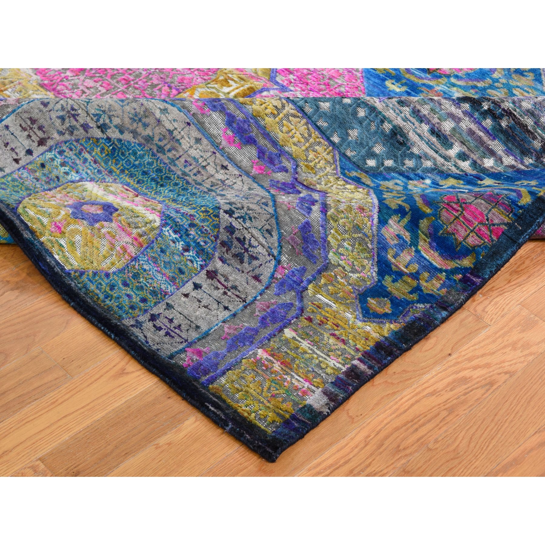 9-1 x12-5  Colorful Mamluk Design Sari Silk With Textured Wool Hand Knotted Oriental Rug 