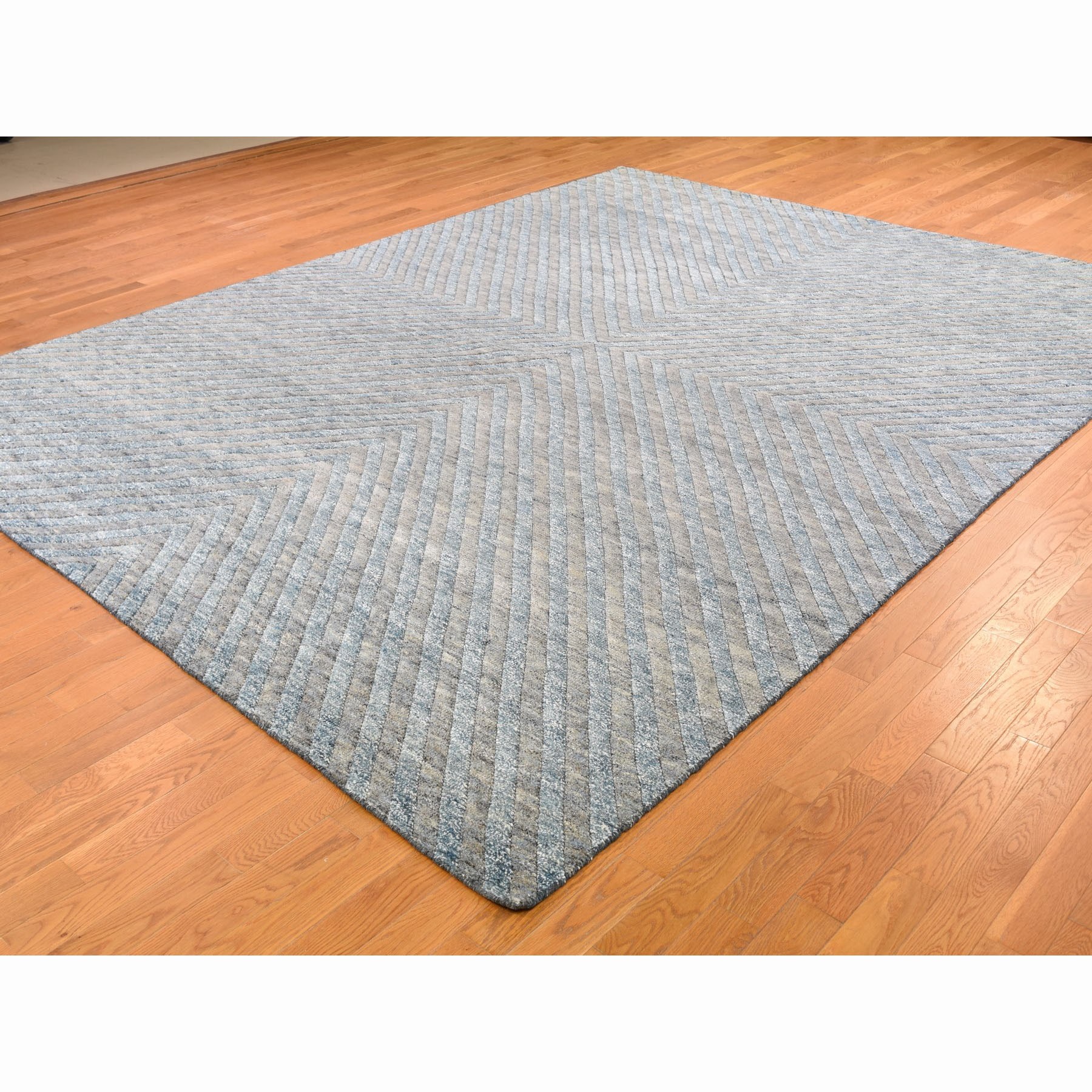 9-1 x11-10  Blue Pure Wool Geometric Design Thick And Plush Hand Knotted Modern Oriental Rug 