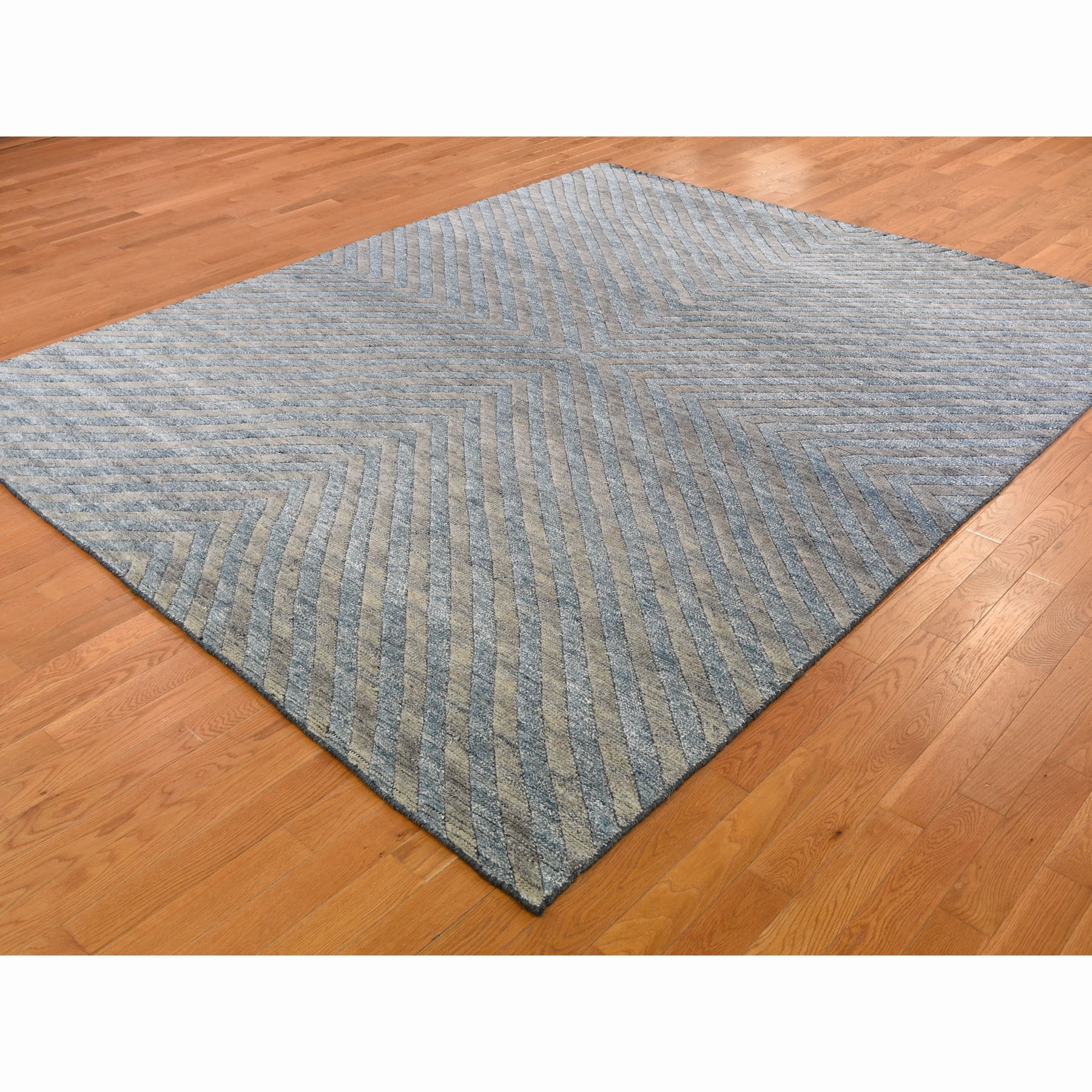 8-x9-9  Blue Pure Wool Geometric Design Hand Knotted Modern Thick And Plush Oriental Rug 