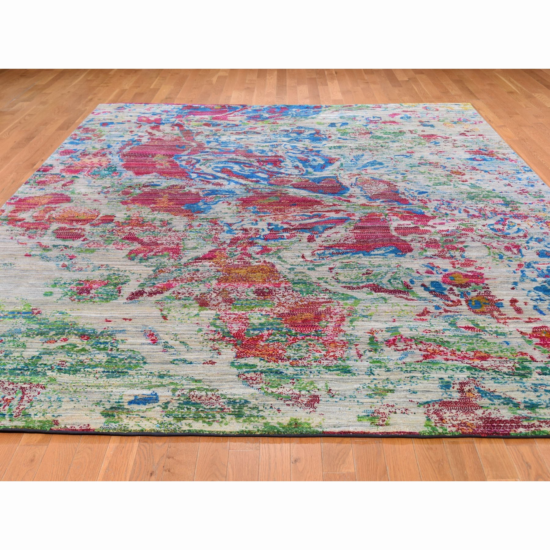 8-10 x12-2  Colorful Abstract Design Sari Silk With Textured Wool Hand Knotted Oriental Rug 