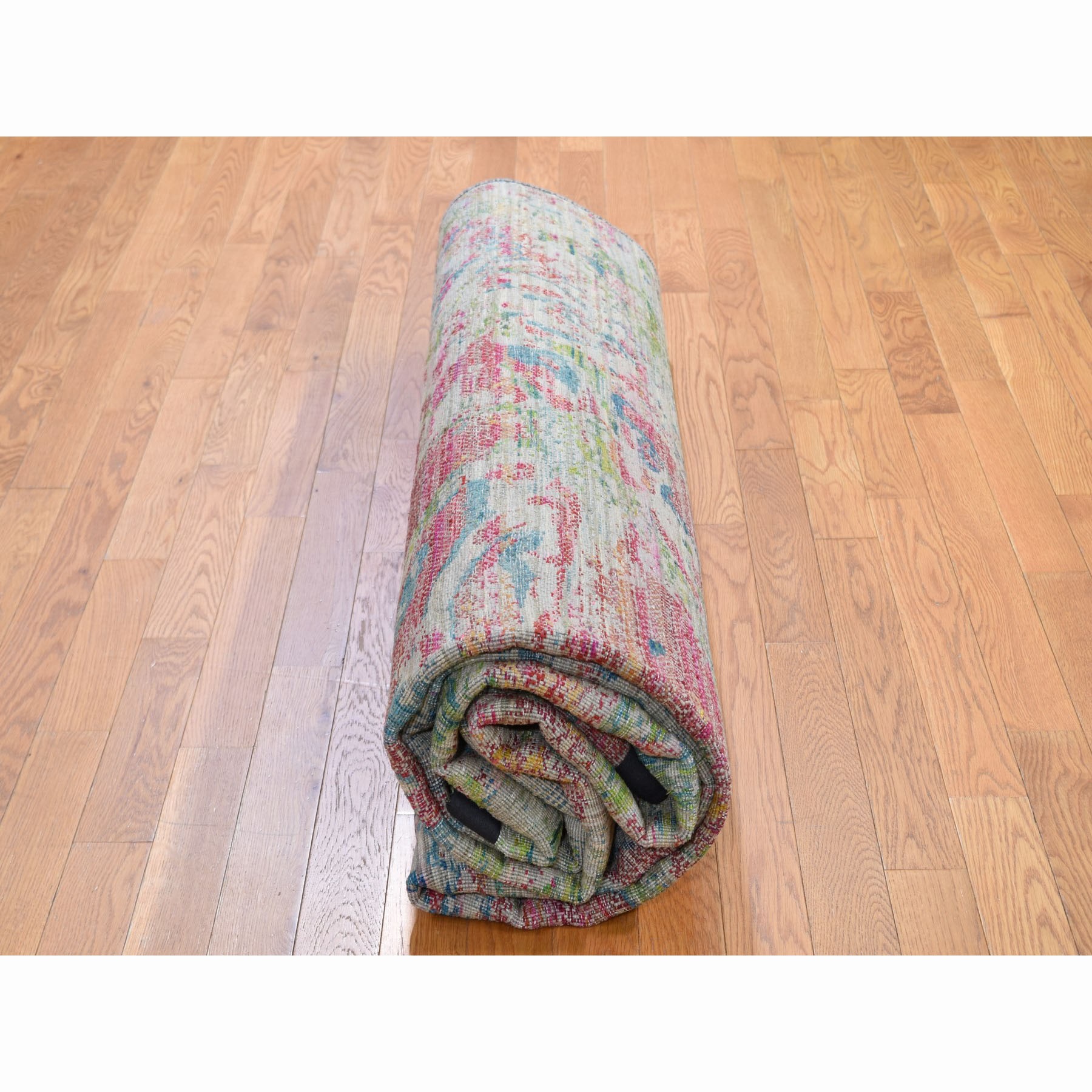 8-10 x12-2  Colorful Abstract Design Sari Silk With Textured Wool Hand Knotted Oriental Rug 