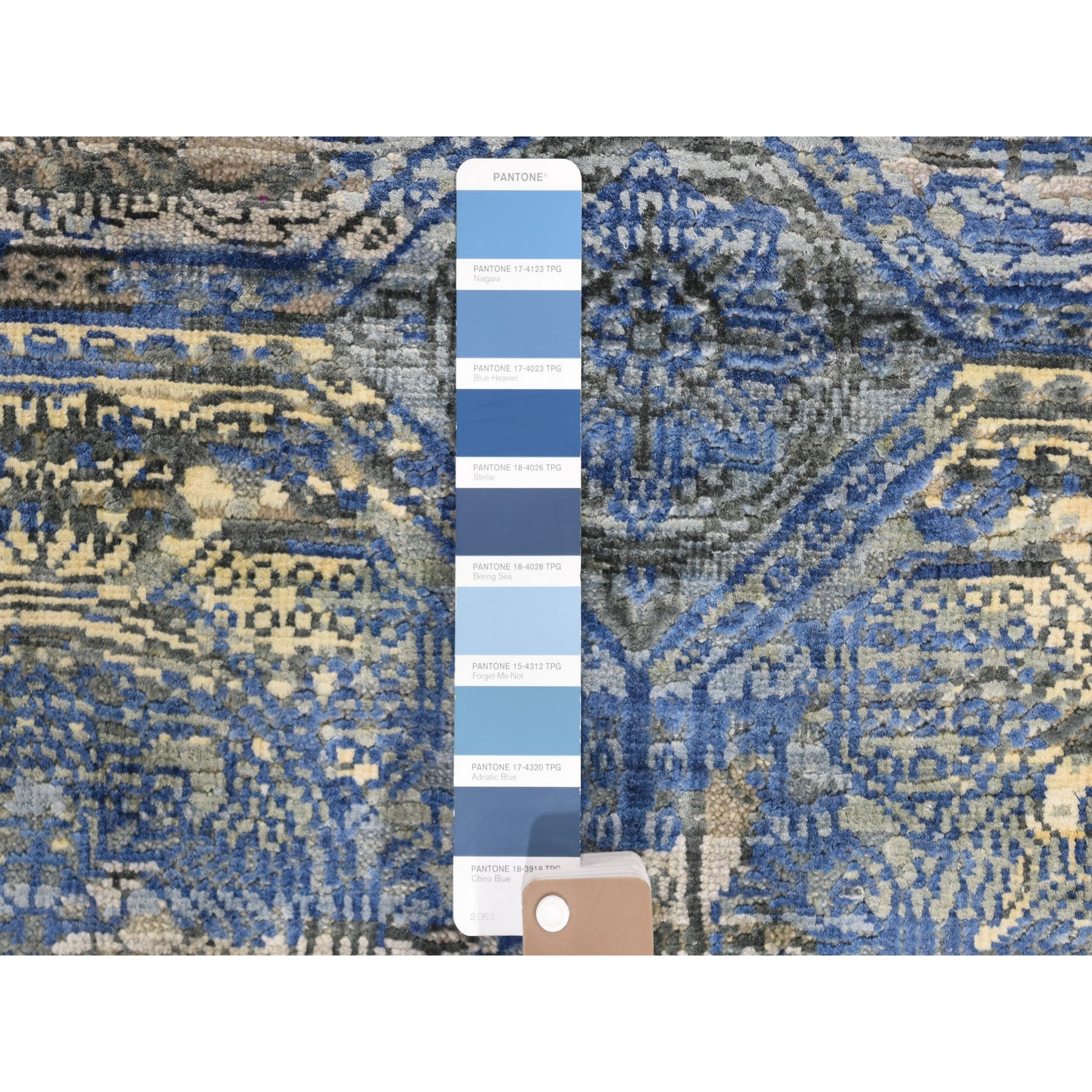 2-8 x9-1  Blue Silk With Textured Wool Rossets Design Runner Hand Knotted Oriental Rug 