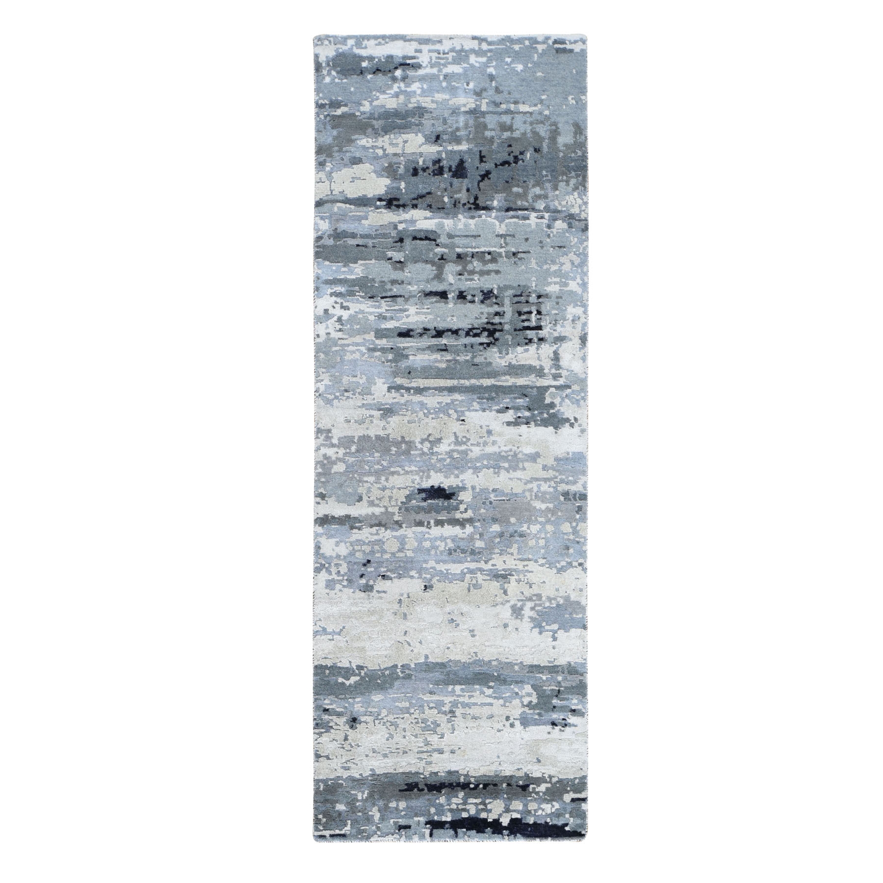 2'8"X8' Hi-Low Pile Abstract Design Wool And Silk Runner Hand Knotted Oriental Rug moad7896